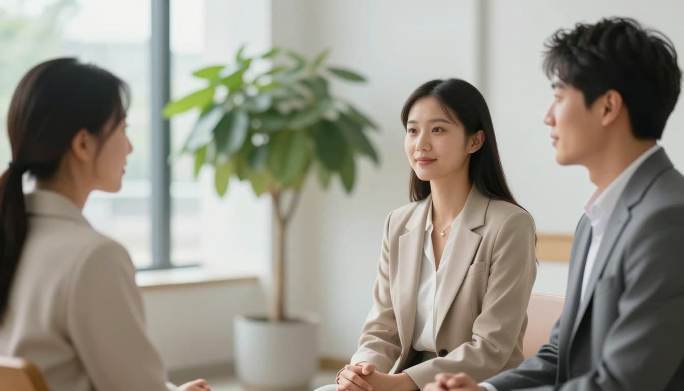 A serene indoor environment conveying a sense of calm and clarity, with a soft, natural light emanating from large windows in the background. In the foreground, a diverse group of three individuals (two women and one man), dressed in professional business attire, are engaged in a quiet conversation, their expressions reflecting confidence and inner peace. In the middle ground, a large plant adds a touch of nature, symbolizing growth and vitality. The composition is framed with a subtle bokeh effect, creating an ethereal atmosphere that focuses on the individuals while softly blurring the surroundings. The overall mood is uplifting and encouraging, evoking a sense of empowerment and self-awareness. A serene indoor environment conveying a sense of calm and clarity, with a soft, natural light emanating from large windows in the background. In the foreground, a diverse group of three individuals (two women and one man), dressed in professional business attire, are engaged in a quiet conversation, their expressions reflecting confidence and inner peace. In the middle ground, a large plant adds a touch of nature, symbolizing growth and vitality. The composition is framed with a subtle bokeh effect, creating an ethereal atmosphere that focuses on the individuals while softly blurring the surroundings. The overall mood is uplifting and encouraging, evoking a sense of empowerment and self-awareness.