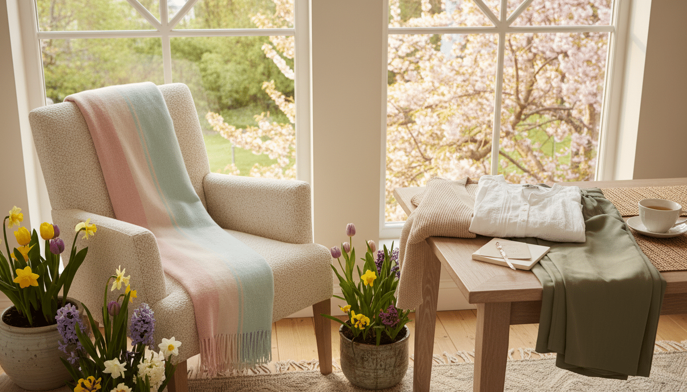 A serene spring scene featuring a cozy, stylish corner of a well-organized home, ideal for a stay-at-home mom. In the foreground, a soft pastel-colored fabric draped over a stylish chair, surrounded by vibrant blooming flowers in pots. The middle layer includes a wooden table with an array of lightweight, versatile seasonal clothing items, like a light cardigan and flowy blouse, folded neatly. In the background, large windows bathe the room in warm, natural light, showcasing lush green trees and blossoms outside. The mood is calm and inviting, evoking a sense of renewal and comfort, perfect for crafting a practical yet chic seasonal wardrobe. The composition uses a slight overhead angle, emphasizing the harmonious blend of fashion and nature. A serene spring scene featuring a cozy, stylish corner of a well-organized home, ideal for a stay-at-home mom. In the foreground, a soft pastel-colored fabric draped over a stylish chair, surrounded by vibrant blooming flowers in pots. The middle layer includes a wooden table with an array of lightweight, versatile seasonal clothing items, like a light cardigan and flowy blouse, folded neatly. In the background, large windows bathe the room in warm, natural light, showcasing lush green trees and blossoms outside. The mood is calm and inviting, evoking a sense of renewal and comfort, perfect for crafting a practical yet chic seasonal wardrobe. The composition uses a slight overhead angle, emphasizing the harmonious blend of fashion and nature.