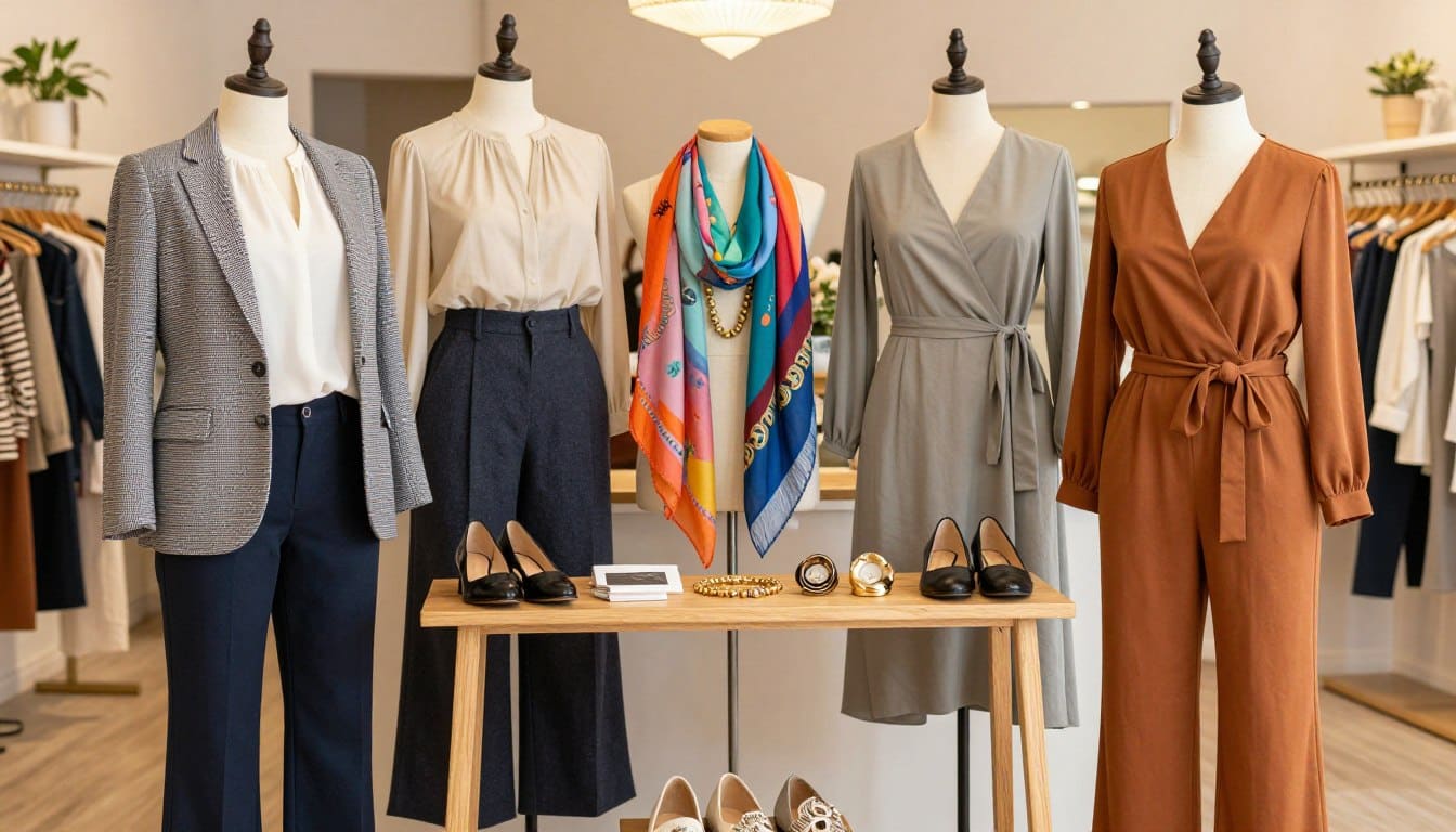 A stylish array of body-positive outfits suitable for work, weekends, and nights out, arranged artfully on a mannequin and a wooden rack in the foreground. The outfits include a chic tailored blazer with a flowing blouse, comfortable yet fashionable wide-leg trousers, a casual but elegant wrap dress, and a trendy jumpsuit. In the middle, a colorful assortment of accessories like scarves, statement necklaces, and shoes adds flair to the ensembles. The background softly displays a warm, cozy boutique setting with soft lighting, showcasing elegant décor. The scene conveys a supportive, uplifting atmosphere, celebrating diverse body shapes and styles. The image features a bright, natural light, with a focus on the textures and details of the fabrics, shot from a slightly elevated angle for an inviting viewpoint. A stylish array of body-positive outfits suitable for work, weekends, and nights out, arranged artfully on a mannequin and a wooden rack in the foreground. The outfits include a chic tailored blazer with a flowing blouse, comfortable yet fashionable wide-leg trousers, a casual but elegant wrap dress, and a trendy jumpsuit. In the middle, a colorful assortment of accessories like scarves, statement necklaces, and shoes adds flair to the ensembles. The background softly displays a warm, cozy boutique setting with soft lighting, showcasing elegant décor. The scene conveys a supportive, uplifting atmosphere, celebrating diverse body shapes and styles. The image features a bright, natural light, with a focus on the textures and details of the fabrics, shot from a slightly elevated angle for an inviting viewpoint.