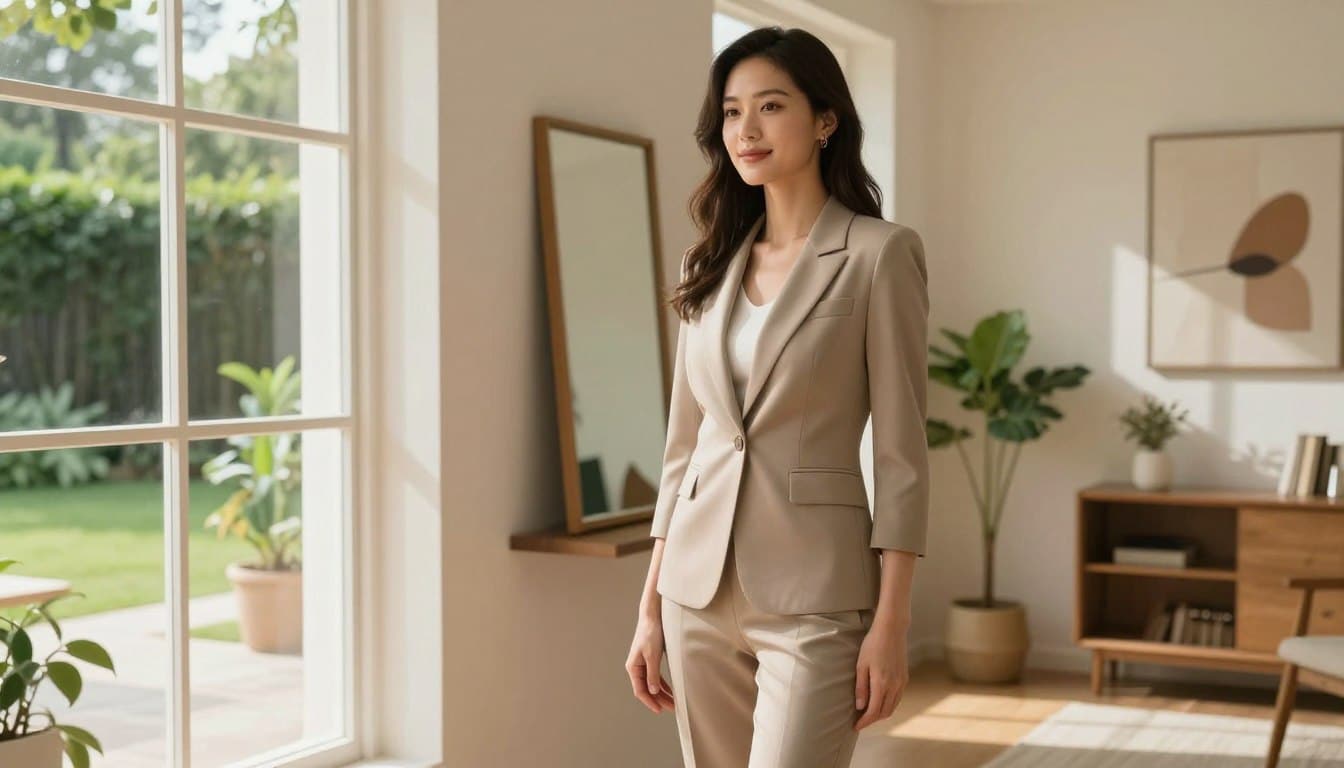 A stylish woman standing confidently in a well-lit, airy room filled with warm, natural light. She wears a chic, tailored outfit that flatters her figure while conveying a sense of professionalism and comfort. In the foreground, a large window reveals a beautiful garden outside, enhancing the serene atmosphere. On a nearby wall, a mirror reflects her poised demeanor, emphasizing her self-assurance. Soft shadows play gently across the room, creating a cozy, inviting vibe. The background features tasteful decor, including houseplants and abstract art, suggesting a balance between personal style and elegance. The mood is uplifting and empowering, embodying the idea of embracing oneself through smart dressing.