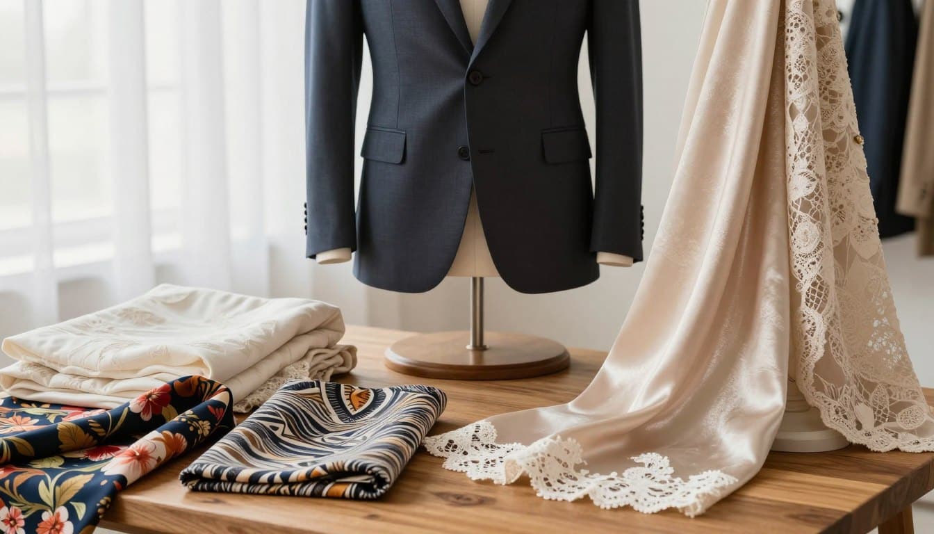 A variety of luxurious fabrics displayed elegantly on a wooden table, featuring an array of textures and colors like soft cotton, shimmering silk, and intricate lace. In the foreground, draped pieces show off patterns of bold florals and geometric designs, designed to enhance the human silhouette without concealing it. A stylish mannequin wearing a well-tailored business suit, emphasizing the flattering fit of the fabric, stands in the center of the composition. The background is softly blurred, suggesting a bright, airy studio atmosphere with gentle natural lighting filtering through sheer curtains, creating a warm and inviting mood. Focused on showcasing the beauty and versatility of each fabric, this image captures the essence of confidence and self-expression in fashion. A variety of luxurious fabrics displayed elegantly on a wooden table, featuring an array of textures and colors like soft cotton, shimmering silk, and intricate lace. In the foreground, draped pieces show off patterns of bold florals and geometric designs, designed to enhance the human silhouette without concealing it. A stylish mannequin wearing a well-tailored business suit, emphasizing the flattering fit of the fabric, stands in the center of the composition. The background is softly blurred, suggesting a bright, airy studio atmosphere with gentle natural lighting filtering through sheer curtains, creating a warm and inviting mood. Focused on showcasing the beauty and versatility of each fabric, this image captures the essence of confidence and self-expression in fashion.