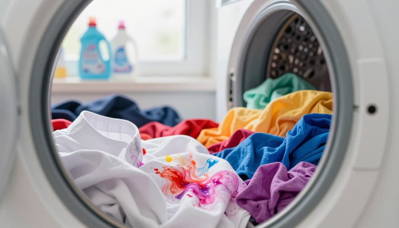 A vivid illustration of color bleeding in laundry, showcasing a washing machine filled with vibrant, multicolored clothing. In the foreground, focus on a pair of white cotton shirts, each slightly stained with various colors seeping into the fabric. In the middle ground, depict the washing machine’s glass door, through which swirling colors are visible, blending together like watercolor paints. In the background, create a soft focus of a laundry room with neatly stacked detergent bottles and a sunny window casting natural light, enhancing the contrast between the whites and the bleeds. The atmosphere should convey a sense of caution and curiosity, inviting viewers to understand the phenomenon of color bleeding. Use a high-resolution image with balanced lighting to emphasize the colors' intensity. A vivid illustration of color bleeding in laundry, showcasing a washing machine filled with vibrant, multicolored clothing. In the foreground, focus on a pair of white cotton shirts, each slightly stained with various colors seeping into the fabric. In the middle ground, depict the washing machine’s glass door, through which swirling colors are visible, blending together like watercolor paints. In the background, create a soft focus of a laundry room with neatly stacked detergent bottles and a sunny window casting natural light, enhancing the contrast between the whites and the bleeds. The atmosphere should convey a sense of caution and curiosity, inviting viewers to understand the phenomenon of color bleeding. Use a high-resolution image with balanced lighting to emphasize the colors' intensity.