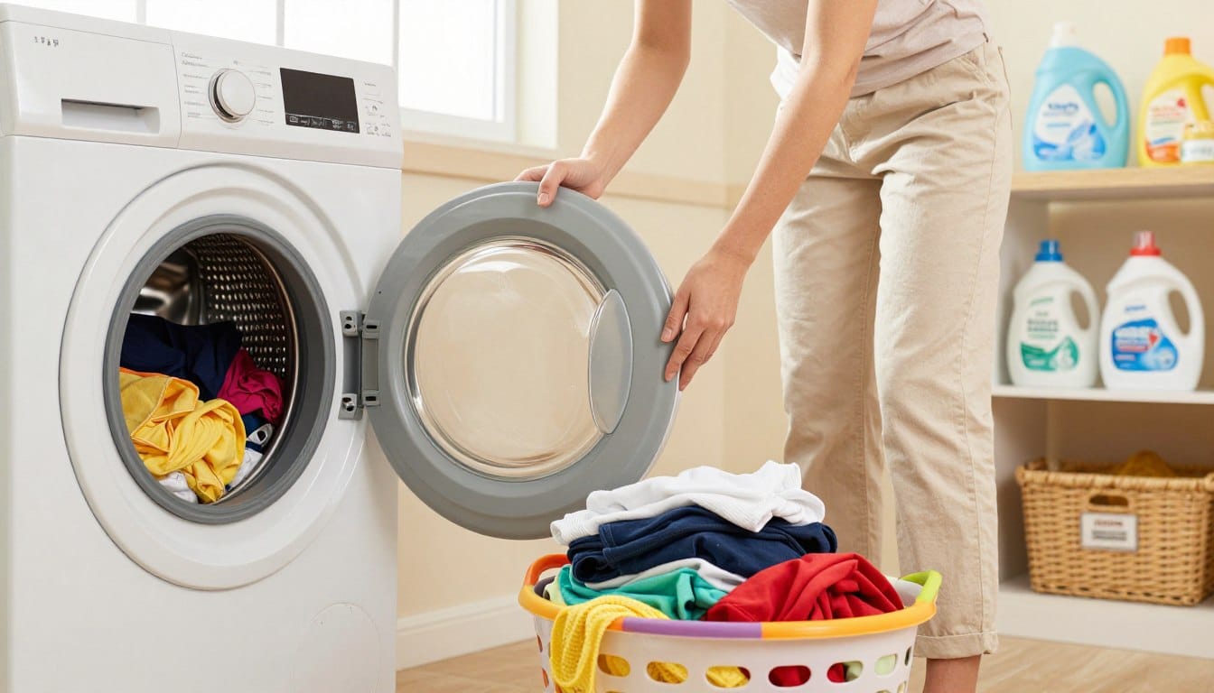 A well-lit laundry room featuring a full washing machine with a partially open door revealing a colorful load of clothes, all neatly sorted by colors: whites, darks, and colors. In the foreground, there is a colorful laundry basket overflowing with freshly folded clothes, and a sorting area with labels for different fabric types. In the middle, a person in modest casual clothing is placing clothes into the washing machine, showing care in their sorting process. The background should display neatly organized shelves with eco-friendly laundry products and bright, cheerful decor to create a welcoming atmosphere. Soft, natural lighting filters through a window, giving a warm and inviting feel to the scene, captured with a standard lens at a slight angle to emphasize the act of sorting and loading laundry. A well-lit laundry room featuring a full washing machine with a partially open door revealing a colorful load of clothes, all neatly sorted by colors: whites, darks, and colors. In the foreground, there is a colorful laundry basket overflowing with freshly folded clothes, and a sorting area with labels for different fabric types. In the middle, a person in modest casual clothing is placing clothes into the washing machine, showing care in their sorting process. The background should display neatly organized shelves with eco-friendly laundry products and bright, cheerful decor to create a welcoming atmosphere. Soft, natural lighting filters through a window, giving a warm and inviting feel to the scene, captured with a standard lens at a slight angle to emphasize the act of sorting and loading laundry.