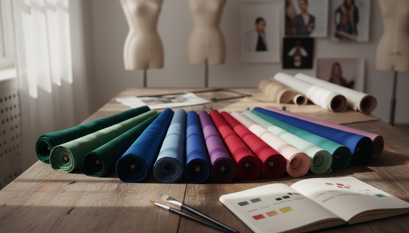 A beautifully arranged color palette spread elegantly across a wooden table, showcasing a harmonious selection of fabric swatches in various textures, including cotton, silk, and linen. The palette features a balanced mix of deep jewel tones and soft pastels, creating a visual contrast that feels both inviting and sophisticated. In the foreground, a pair of well-organized paintbrushes and a sketchbook with color notes adds a creative touch. In the middle, a softly diffused natural light filters through a nearby window, illuminating the textiles and enhancing their vibrant colors. The background remains subtly blurred, hinting at a stylishly cluttered work space filled with fashion design elements. The overall mood is one of artistic inspiration and thoughtful intention, reflecting the importance of color harmony in personal style choices. A beautifully arranged color palette spread elegantly across a wooden table, showcasing a harmonious selection of fabric swatches in various textures, including cotton, silk, and linen. The palette features a balanced mix of deep jewel tones and soft pastels, creating a visual contrast that feels both inviting and sophisticated. In the foreground, a pair of well-organized paintbrushes and a sketchbook with color notes adds a creative touch. In the middle, a softly diffused natural light filters through a nearby window, illuminating the textiles and enhancing their vibrant colors. The background remains subtly blurred, hinting at a stylishly cluttered work space filled with fashion design elements. The overall mood is one of artistic inspiration and thoughtful intention, reflecting the importance of color harmony in personal style choices.