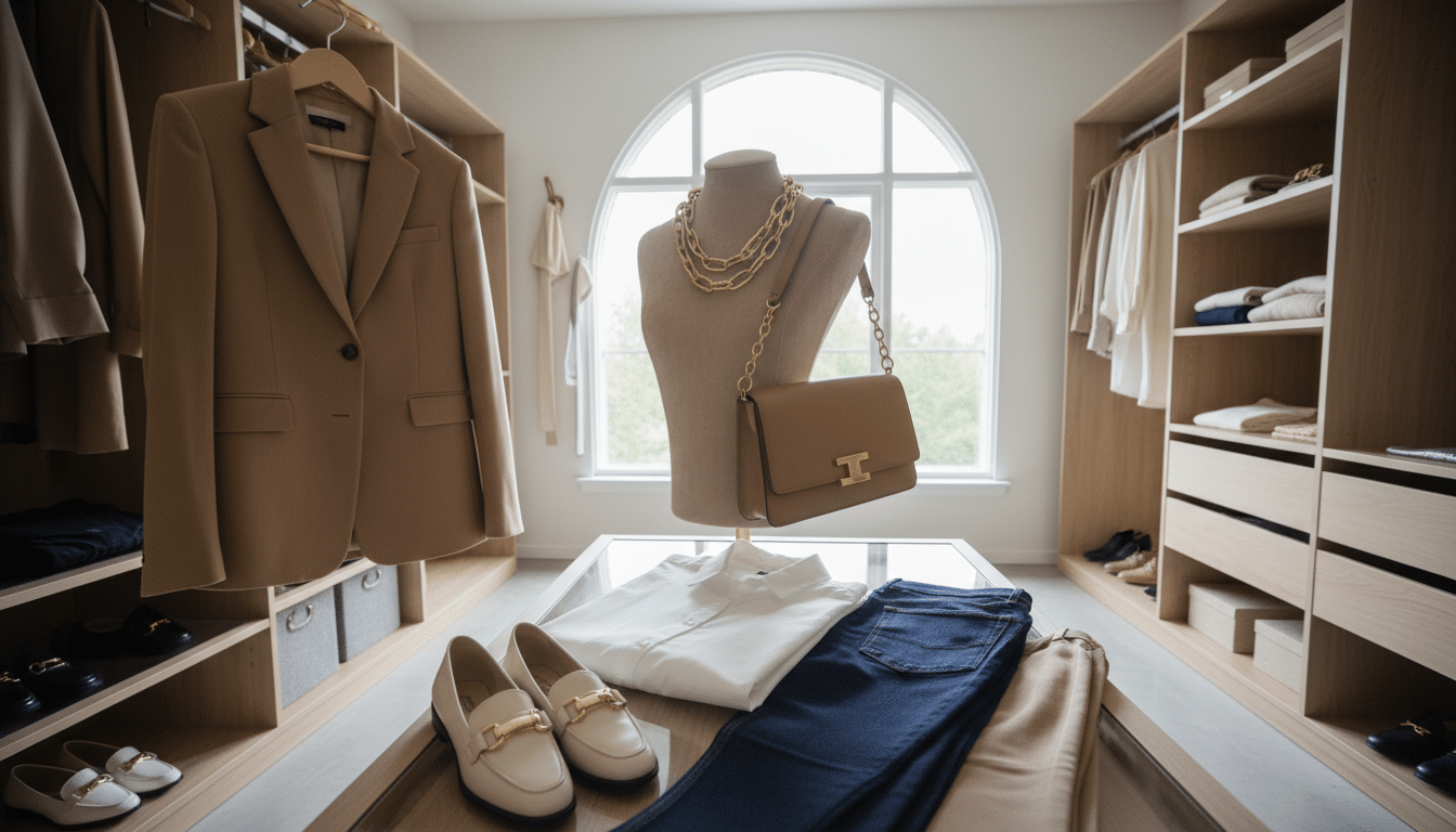 A beautifully curated capsule wardrobe displayed in a stylish, modern closet. In the foreground, showcase a neatly organized selection of clothing: a tailored blazer, classic white shirt, well-fitted jeans, and comfortable yet fashionable shoes, all in a coordinated color palette of neutral tones. In the middle, hang elegant accessories like a statement necklace and a stylish handbag, emphasizing versatility. The background features soft, natural lighting filtering through a large window, illuminating the space and adding a warm atmosphere. Use a wide-angle lens to capture the depth of the closet, inviting viewers to imagine a lifestyle of confidence and intention, contrasting the reality of everyday needs with aspirational style choices. A beautifully curated capsule wardrobe displayed in a stylish, modern closet. In the foreground, showcase a neatly organized selection of clothing: a tailored blazer, classic white shirt, well-fitted jeans, and comfortable yet fashionable shoes, all in a coordinated color palette of neutral tones. In the middle, hang elegant accessories like a statement necklace and a stylish handbag, emphasizing versatility. The background features soft, natural lighting filtering through a large window, illuminating the space and adding a warm atmosphere. Use a wide-angle lens to capture the depth of the closet, inviting viewers to imagine a lifestyle of confidence and intention, contrasting the reality of everyday needs with aspirational style choices.