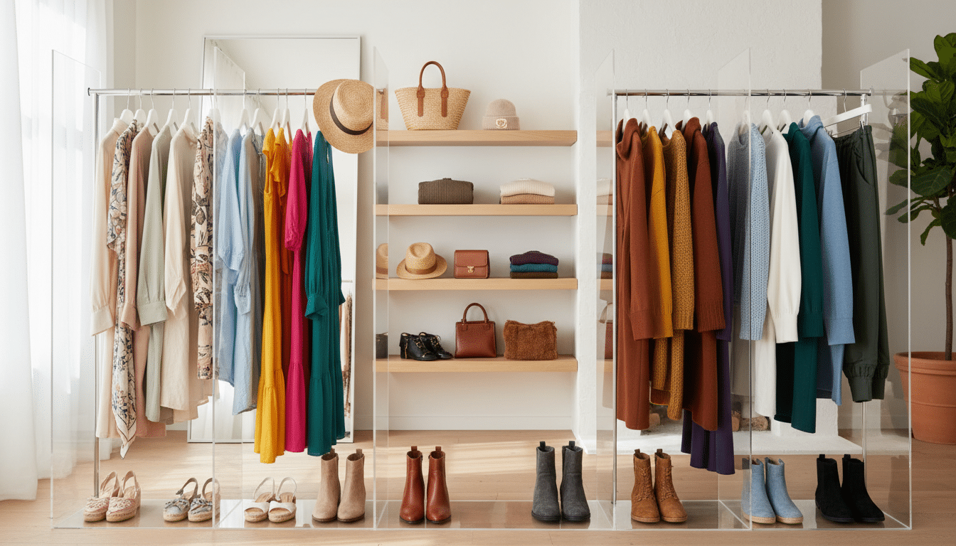 A beautifully organized capsule wardrobe for each season, showcased in a stylish, minimalist setting. In the foreground, neatly hung clothing items in soft, neutral tones for spring, vibrant hues for summer, warm earth tones for autumn, and cozy fabrics in cool colors for winter. Each season’s section is distinctly laid out, featuring accessories like scarves and shoes that complement the clothing. The middle ground reveals a well-lit dressing area with elegant wooden shelves displaying folded sweaters and seasonal bags. A soft, natural light fills the scene, emphasizing the textures of the fabrics and creating a serene atmosphere. The background is a soft-focus, minimalist home interior, adding to the calm, organized feel of the capsule wardrobe concept. The overall mood is inviting and aspirational, perfect for inspiring readers to embrace seasonal style simplicity.