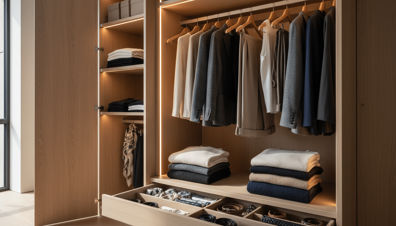 A beautifully organized wardrobe filled with a curated selection of clothing items, showcasing a simple capsule collection. In the foreground, hang neatly folded sweaters, stylish blazers, and classic trousers, all in neutral tones like beige, gray, and navy. In the middle, shelves display coordinating accessories such as belts and scarves, all meticulously arranged. The background features muted wooden closet doors slightly ajar, revealing a soft, warm glow from interior lighting, creating an inviting atmosphere. The scene is captured from a slight angle, highlighting the depth of the wardrobe, with natural light filtering through a nearby window, casting gentle shadows. This image embodies simplicity and elegance, illustrating how a minimal wardrobe can streamline daily outfit choices. A beautifully organized wardrobe filled with a curated selection of clothing items, showcasing a simple capsule collection. In the foreground, hang neatly folded sweaters, stylish blazers, and classic trousers, all in neutral tones like beige, gray, and navy. In the middle, shelves display coordinating accessories such as belts and scarves, all meticulously arranged. The background features muted wooden closet doors slightly ajar, revealing a soft, warm glow from interior lighting, creating an inviting atmosphere. The scene is captured from a slight angle, highlighting the depth of the wardrobe, with natural light filtering through a nearby window, casting gentle shadows. This image embodies simplicity and elegance, illustrating how a minimal wardrobe can streamline daily outfit choices.