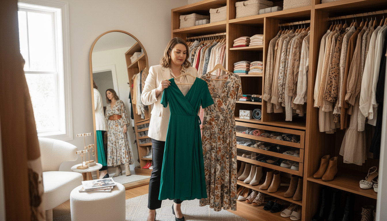 A bright, airy walk-in closet scene, carefully organized for an audit, showcasing a diverse array of clothing options suitable for curvy women. In the foreground, a well-dressed woman in a stylish, professional outfit holds a few garments, contemplating their fit. The middle ground features neatly arranged shelves with colorful tops, dresses, and accessories, all perfectly organized by color and type. The background displays a full-length mirror reflecting a stylish outfit, with soft, flattering lighting illuminating the space. A cozy, inviting atmosphere exudes calm and confidence, with warm wood accents and an abundance of natural light filtering through a window. This visually appealing closet audit captures the essence of thoughtful wardrobe curation.