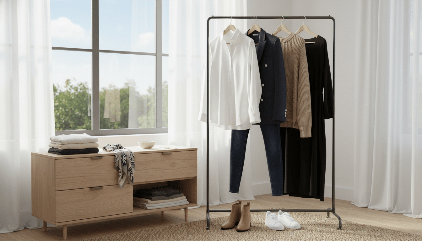 A carefully curated capsule wardrobe displayed in a stylish, modern setting. In the foreground, a minimalist clothing rack showcases a selection of versatile pieces: a classic white button-up shirt, a tailored navy blazer, a pair of slim-fit jeans, a cozy beige sweater, and a sleek black dress. The middle ground features a neatly organized dresser with well-folded essentials—neutral-toned t-shirts and a lightweight scarf, all in soft fabrics. In the background, natural light floods in through a large window, creating a warm and inviting atmosphere. The scene is captured from a slightly elevated angle, emphasizing the simplicity and elegance of a capsule wardrobe. The mood is calm and inspiring, inviting viewers to imagine their own streamlined daily outfits. A carefully curated capsule wardrobe displayed in a stylish, modern setting. In the foreground, a minimalist clothing rack showcases a selection of versatile pieces: a classic white button-up shirt, a tailored navy blazer, a pair of slim-fit jeans, a cozy beige sweater, and a sleek black dress. The middle ground features a neatly organized dresser with well-folded essentials—neutral-toned t-shirts and a lightweight scarf, all in soft fabrics. In the background, natural light floods in through a large window, creating a warm and inviting atmosphere. The scene is captured from a slightly elevated angle, emphasizing the simplicity and elegance of a capsule wardrobe. The mood is calm and inspiring, inviting viewers to imagine their own streamlined daily outfits.