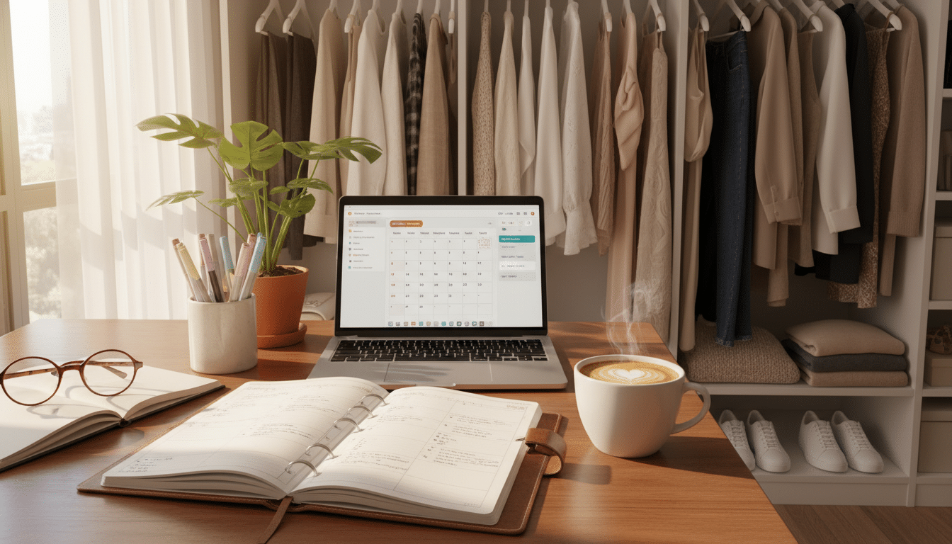A cozy and organized workspace showcasing a day planning scene. In the foreground, a stylish desk is adorned with a neatly arranged planner, colorful pens, and a steaming cup of coffee. In the middle ground, an open laptop displays a calendar with scheduled tasks, next to a small plant providing a touch of greenery. The background features a well-organized closet with a capsule wardrobe, displaying a mix of professional attire and casual wear in soft, neutral colors, suggesting a seamless transition between work and home. Warm, natural lighting streams in from a nearby window, creating a productive and inviting atmosphere. The angle is slightly elevated, capturing the essence of a focused and balanced day ahead. A cozy and organized workspace showcasing a day planning scene. In the foreground, a stylish desk is adorned with a neatly arranged planner, colorful pens, and a steaming cup of coffee. In the middle ground, an open laptop displays a calendar with scheduled tasks, next to a small plant providing a touch of greenery. The background features a well-organized closet with a capsule wardrobe, displaying a mix of professional attire and casual wear in soft, neutral colors, suggesting a seamless transition between work and home. Warm, natural lighting streams in from a nearby window, creating a productive and inviting atmosphere. The angle is slightly elevated, capturing the essence of a focused and balanced day ahead.