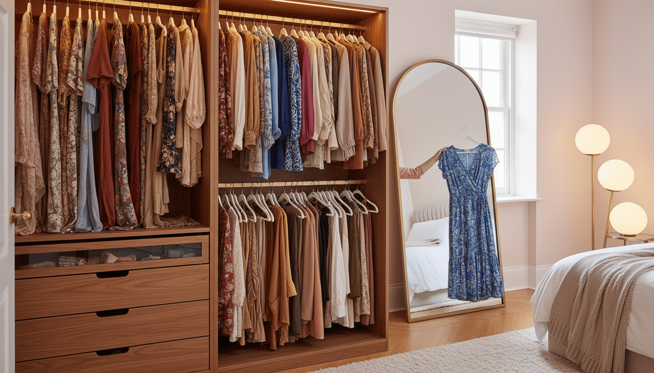 A cozy, stylish wardrobe designed for curvy women, showcasing neatly organized sections with a variety of chic clothing options. In the foreground, display an open wardrobe with beautiful hangers featuring colorful dresses, blouses, and skirts in flattering silhouettes. The middle layer should include an elegant full-length mirror reflecting the wardrobe's contents, emphasizing the ease of selecting outfits. The background could depict a softly lit bedroom with warm, inviting lighting, highlighting pastel walls and a comfortable area rug. The atmosphere should invoke feelings of simplicity, confidence, and ease, illustrating how a curated capsule wardrobe can enhance daily dressing experiences, all framed from a slightly angled perspective to create depth.