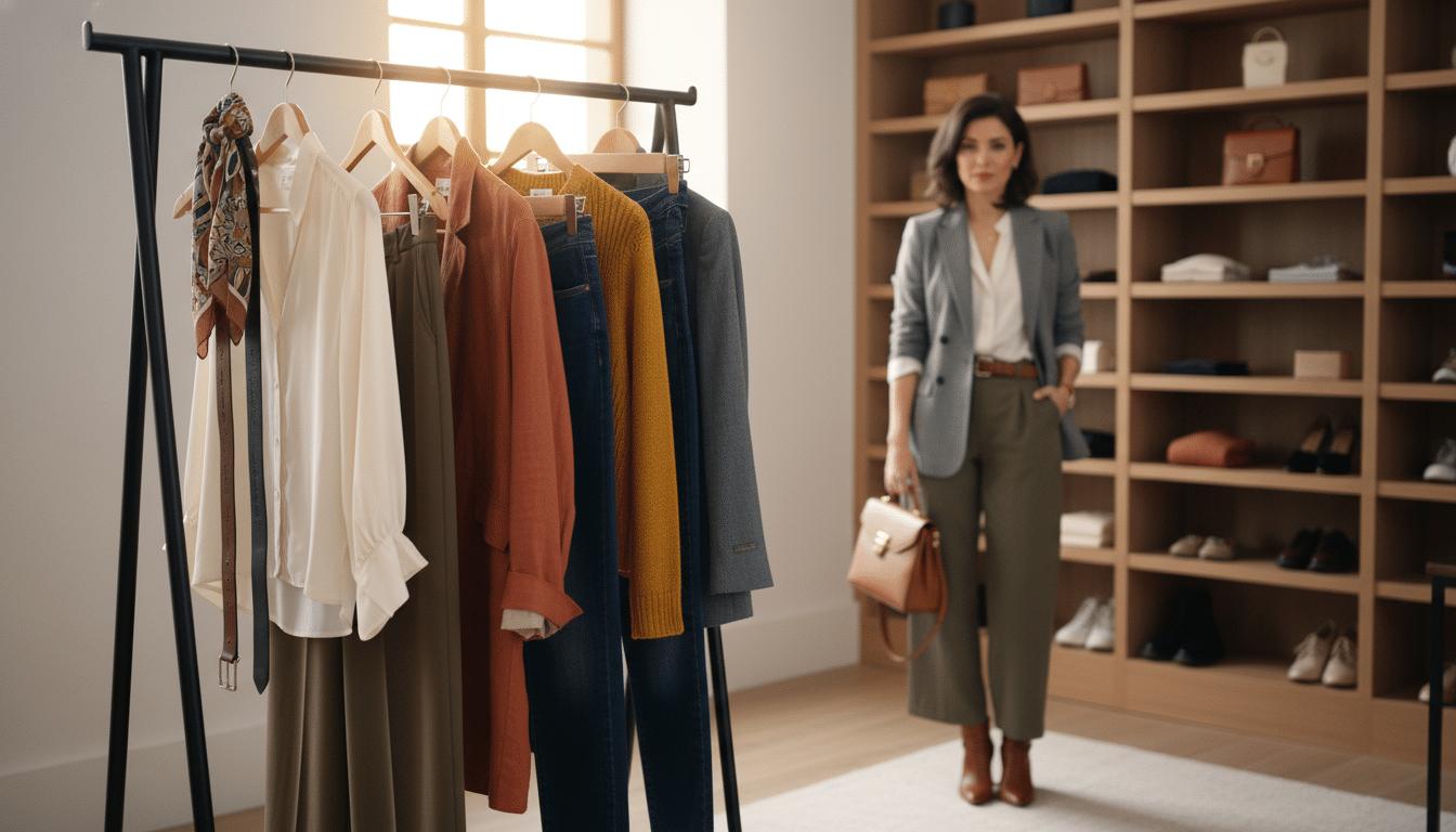 A focused and visually appealing scene showcasing a variety capsule wardrobe on a neat, modern clothing rack. In the foreground, display an assortment of versatile clothing items like blouses, trousers, and jackets in a color palette of earthy tones and vibrant accents. In the middle ground, include a stylish-looking figure modeling a chic outfit made from these capsule pieces, exuding confidence and professionalism with a neatly tailored look. The background features a softly blurred, well-organized closet or dressing room with ample natural light streaming in, creating a bright, inviting atmosphere. Use a soft focus lens to highlight the outfits while maintaining an overall elegant and inspirational mood, perfect for illustrating smart styling choices. A focused and visually appealing scene showcasing a variety capsule wardrobe on a neat, modern clothing rack. In the foreground, display an assortment of versatile clothing items like blouses, trousers, and jackets in a color palette of earthy tones and vibrant accents. In the middle ground, include a stylish-looking figure modeling a chic outfit made from these capsule pieces, exuding confidence and professionalism with a neatly tailored look. The background features a softly blurred, well-organized closet or dressing room with ample natural light streaming in, creating a bright, inviting atmosphere. Use a soft focus lens to highlight the outfits while maintaining an overall elegant and inspirational mood, perfect for illustrating smart styling choices.