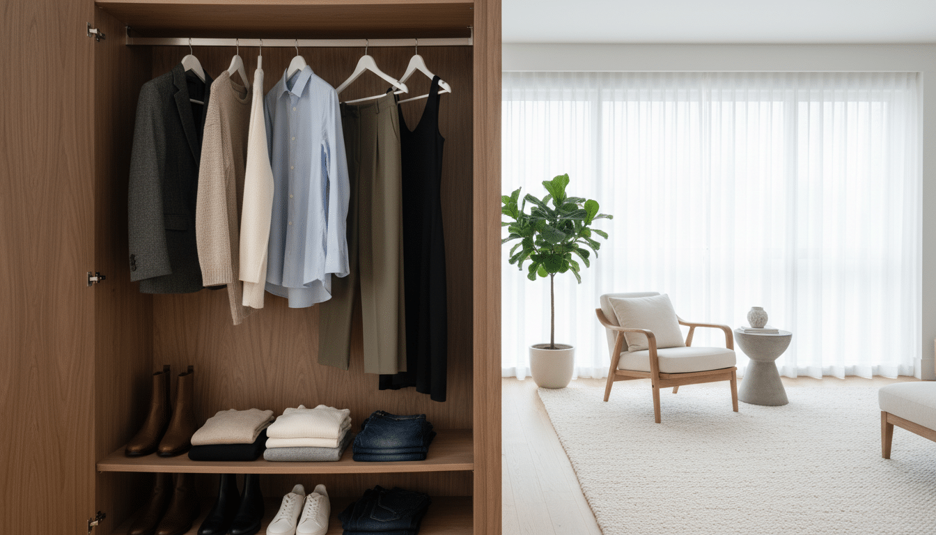 A neatly arranged capsule wardrobe displayed in a stylish, minimalist home environment. In the foreground, an open wooden wardrobe reveals a curated selection of versatile clothing items, ranging from tailored blazers and crisp white shirts to comfortable knit sweaters and tailored trousers, all displayed with harmonious color coordination. In the middle ground, a cozy living space can be seen with a soft, textured rug, a chic armchair, and a small indoor plant, adding warmth to the scene. The background features a large window with soft, natural light streaming in, highlighting the simplicity and elegance of the wardrobe. The atmosphere is calm and organized, conveying ease and efficiency in daily dressing. Use a wide-angle lens to capture the full essence of the space. A neatly arranged capsule wardrobe displayed in a stylish, minimalist home environment. In the foreground, an open wooden wardrobe reveals a curated selection of versatile clothing items, ranging from tailored blazers and crisp white shirts to comfortable knit sweaters and tailored trousers, all displayed with harmonious color coordination. In the middle ground, a cozy living space can be seen with a soft, textured rug, a chic armchair, and a small indoor plant, adding warmth to the scene. The background features a large window with soft, natural light streaming in, highlighting the simplicity and elegance of the wardrobe. The atmosphere is calm and organized, conveying ease and efficiency in daily dressing. Use a wide-angle lens to capture the full essence of the space.