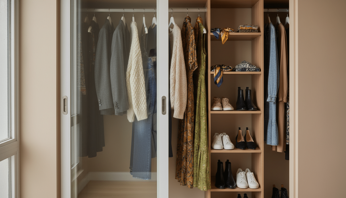 A neatly organized closet filled with a variety of clothing options, showcasing a well-thought-out capsule wardrobe. In the foreground, display an open sliding door revealing a mix of versatile pieces: tailored blazers, knitted sweaters, classic jeans, and chic dresses, all in a harmonious color scheme. The middle ground features neatly arranged shelves with accessories like scarves and shoes, adding pops of color and texture. In the background, include the wall of the closet painted in soft, neutral tones to enhance the overall calm and inviting atmosphere. Soft, natural light filters in from a nearby window, casting delicate shadows and illuminating the wardrobe's contents. The overall mood conveys simplicity, practicality, and a sense of curated style, perfect for embracing real-life fashion choices. A neatly organized closet filled with a variety of clothing options, showcasing a well-thought-out capsule wardrobe. In the foreground, display an open sliding door revealing a mix of versatile pieces: tailored blazers, knitted sweaters, classic jeans, and chic dresses, all in a harmonious color scheme. The middle ground features neatly arranged shelves with accessories like scarves and shoes, adding pops of color and texture. In the background, include the wall of the closet painted in soft, neutral tones to enhance the overall calm and inviting atmosphere. Soft, natural light filters in from a nearby window, casting delicate shadows and illuminating the wardrobe's contents. The overall mood conveys simplicity, practicality, and a sense of curated style, perfect for embracing real-life fashion choices.