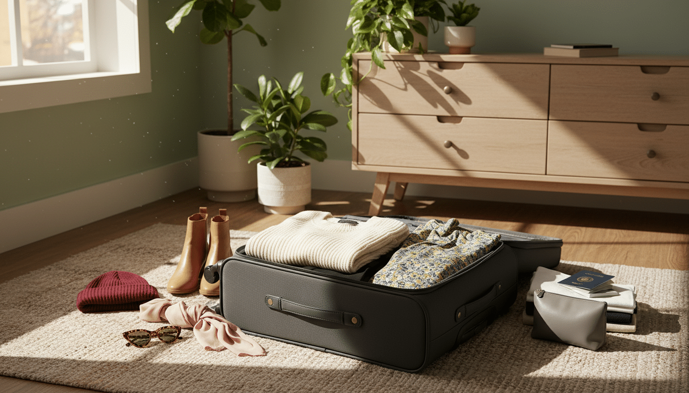 A neatly organized packing scene for a weekend getaway, showcasing a stylish capsule wardrobe. In the foreground, a spacious suitcase is partially open, revealing a limited selection of versatile clothing pieces folded neatly—think a cozy sweater, a pair of tailored pants, and a casual dress. In the middle ground, a small selection of essential accessories like a beanie, sunglasses, and a scarf are thoughtfully arranged around the suitcase. In the background, a vibrant, sunlit room filled with houseplants and a wooden dresser creates a warm and inviting atmosphere. Soft, natural lighting filters in from a window, casting gentle shadows, while a slight overhead angle emphasizes the orderly presentation. The overall mood is cheerful and practical, encouraging viewers to embrace minimalism while packing.