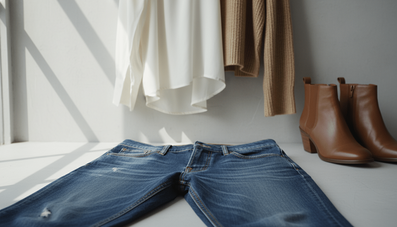 A pair of classic blue jeans displayed prominently in the foreground, showcasing their timeless design with subtle distressed details. The fabric appears soft yet durable, with visible stitching accents. In the middle ground, a clean, neutral-toned backdrop highlights the versatility of the jeans, accompanied by complementary wardrobe essentials like a simple white blouse and a casual tan sweater, hinting at various outfit combinations. The scene is softly lit with natural daylight filtering through a nearby window, creating a warm and inviting atmosphere. The focus is sharp on the jeans while the other items are slightly out of focus, drawing attention to the jeans as the central piece ideal for a capsule wardrobe. The overall mood conveys practicality and style, perfect for everyday living. A pair of classic blue jeans displayed prominently in the foreground, showcasing their timeless design with subtle distressed details. The fabric appears soft yet durable, with visible stitching accents. In the middle ground, a clean, neutral-toned backdrop highlights the versatility of the jeans, accompanied by complementary wardrobe essentials like a simple white blouse and a casual tan sweater, hinting at various outfit combinations. The scene is softly lit with natural daylight filtering through a nearby window, creating a warm and inviting atmosphere. The focus is sharp on the jeans while the other items are slightly out of focus, drawing attention to the jeans as the central piece ideal for a capsule wardrobe. The overall mood conveys practicality and style, perfect for everyday living.