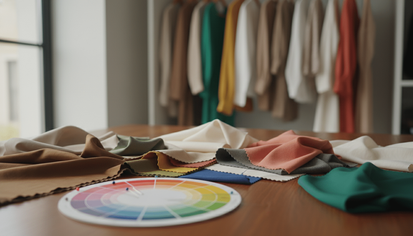 A refined color palette thoughtfully arranged on a stylish wooden table, showcasing swatches of fabric in earthy tones, soft pastels, and vibrant hues to illustrate undertones, depth, and saturation. In the foreground, a color wheel displays harmonizing colors, while several color swatches are placed in an artful, slightly overlapping manner to emphasize texture and depth. The middle section reveals delicate, natural lighting filtering through a nearby window, casting soft shadows that enhance the richness of the fabrics. In the background, a blurred view of an organized, minimalist closet can be seen, hinting at the concept of a capsule wardrobe. The overall mood is sophisticated and inviting, encouraging inspiration and creativity in color selection for wardrobe refinement. A refined color palette thoughtfully arranged on a stylish wooden table, showcasing swatches of fabric in earthy tones, soft pastels, and vibrant hues to illustrate undertones, depth, and saturation. In the foreground, a color wheel displays harmonizing colors, while several color swatches are placed in an artful, slightly overlapping manner to emphasize texture and depth. The middle section reveals delicate, natural lighting filtering through a nearby window, casting soft shadows that enhance the richness of the fabrics. In the background, a blurred view of an organized, minimalist closet can be seen, hinting at the concept of a capsule wardrobe. The overall mood is sophisticated and inviting, encouraging inspiration and creativity in color selection for wardrobe refinement.