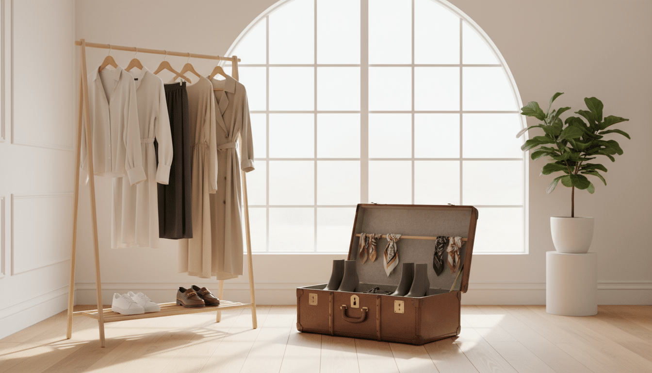 A stylish and organized capsule wardrobe displayed in an elegant, minimalist room. In the foreground, there is a neatly arranged wooden rack holding a curated selection of high-quality clothing pieces like blouses, tailored pants, and versatile dresses in neutral tones. The middle of the composition features a vintage trunk open to reveal neatly folded accessories, such as scarves and shoes, showcasing affordability without sacrificing style. In the background, a large window lets in soft, natural light, casting gentle shadows and creating a warm, inviting atmosphere. Soft focus on a decorative houseplant adds a touch of liveliness. The overall mood is calm, inspirational, and inviting, emphasizing a chic yet budget-friendly approach to fashion. The scene is captured with a wide-angle lens to encompass the entire wardrobe setup from a slightly elevated angle. A stylish and organized capsule wardrobe displayed in an elegant, minimalist room. In the foreground, there is a neatly arranged wooden rack holding a curated selection of high-quality clothing pieces like blouses, tailored pants, and versatile dresses in neutral tones. The middle of the composition features a vintage trunk open to reveal neatly folded accessories, such as scarves and shoes, showcasing affordability without sacrificing style. In the background, a large window lets in soft, natural light, casting gentle shadows and creating a warm, inviting atmosphere. Soft focus on a decorative houseplant adds a touch of liveliness. The overall mood is calm, inspirational, and inviting, emphasizing a chic yet budget-friendly approach to fashion. The scene is captured with a wide-angle lens to encompass the entire wardrobe setup from a slightly elevated angle.