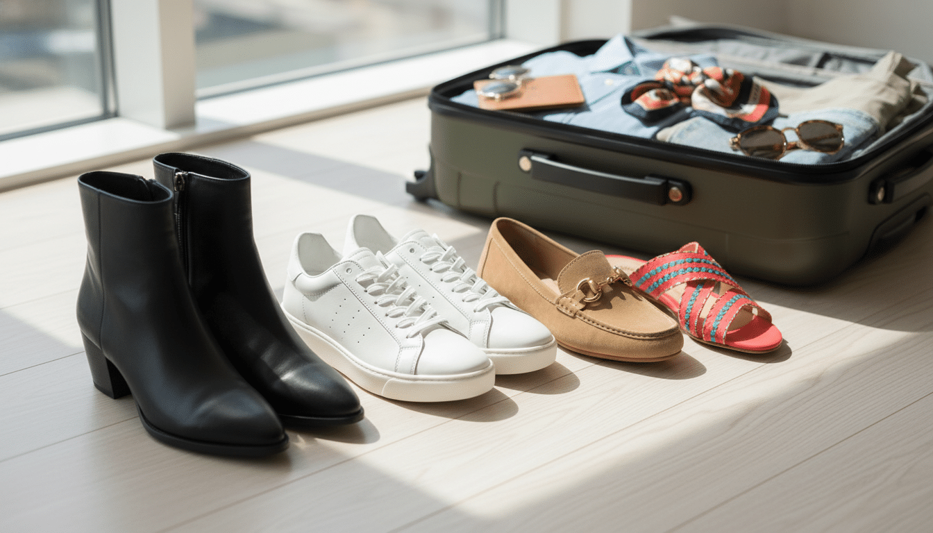 A stylish and versatile collection of shoes for a weekend-only capsule wardrobe, featuring four distinct pairs: sleek black ankle boots, trendy white sneakers, elegant loafers, and vibrant sandals. The shoes are displayed on a minimalistic wooden surface, with a soft, diffused natural light illuminating them to create a warm and inviting atmosphere. In the background, a neatly packed suitcase partially open shows hints of coordinating clothing items peeking out, like a rolled-up shirt and a scarf, suggesting effortless travel. The angle of the shot is slightly elevated, emphasizing the shoes while maintaining a stylish and organized look. The overall mood is chic and practical, perfect for a stylish weekend getaway without compromising on options.