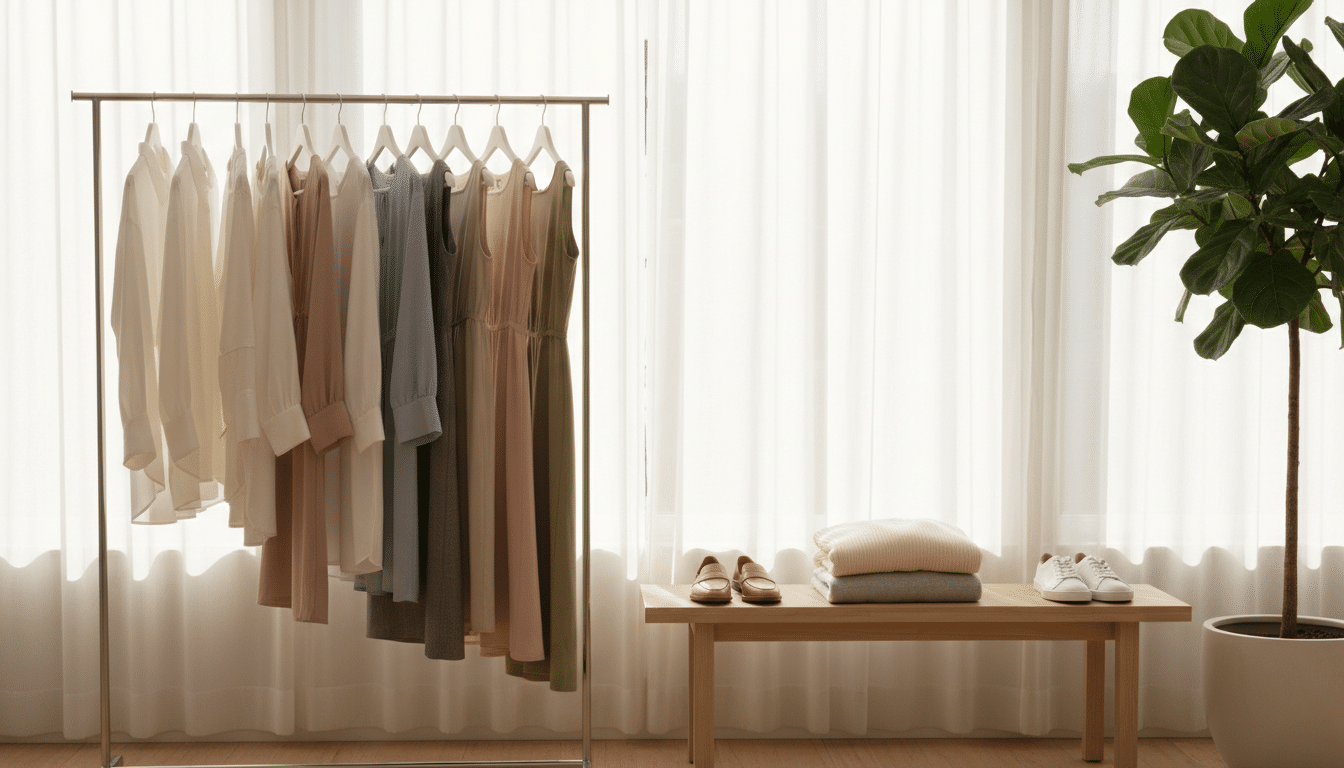 A stylish and well-organized capsule wardrobe displayed in a bright, sunlit room, conveying a sense of balance and simplicity. In the foreground, a streamlined rack showcases a carefully curated selection of high-quality garments, including tailored blouses, classic trousers, and versatile dresses, all in a cohesive color palette of neutrals and soft pastels. In the middle, a minimalist wooden bench holds neatly folded sweaters and a pair of chic shoes, emphasizing the idea of functional elegance. The background features a large window with sheer curtains allowing natural light to flood in, enhancing the serene atmosphere. The focus should be on the harmonious arrangement of clothing, evoking a feeling of stylish simplicity and mindful fashion choices. Soft, diffused lighting creates a calming mood, inviting viewers to rethink their approach to capsule wardrobes. A stylish and well-organized capsule wardrobe displayed in a bright, sunlit room, conveying a sense of balance and simplicity. In the foreground, a streamlined rack showcases a carefully curated selection of high-quality garments, including tailored blouses, classic trousers, and versatile dresses, all in a cohesive color palette of neutrals and soft pastels. In the middle, a minimalist wooden bench holds neatly folded sweaters and a pair of chic shoes, emphasizing the idea of functional elegance. The background features a large window with sheer curtains allowing natural light to flood in, enhancing the serene atmosphere. The focus should be on the harmonious arrangement of clothing, evoking a feeling of stylish simplicity and mindful fashion choices. Soft, diffused lighting creates a calming mood, inviting viewers to rethink their approach to capsule wardrobes.