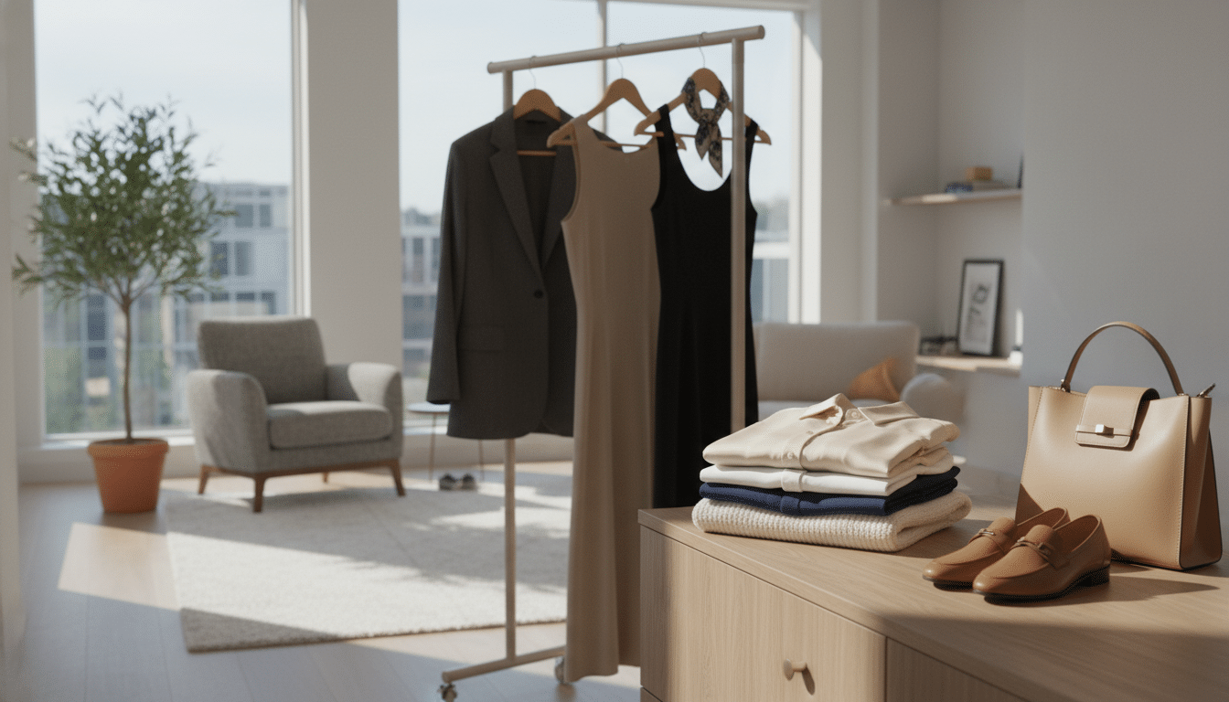A stylish capsule wardrobe display featuring a carefully curated selection of clothing and accessories suitable for both work and home. In the foreground, neatly folded garments in neutral tones like beige, navy, and white, showcasing a mix of professional blouses, tailored trousers, and casual wear like a chic oversized sweater. In the middle ground, a tastefully organized wooden clothing rack holding a couple of versatile blazers and dresses. In the background, a cozy and inviting room with soft natural light streaming through a large window, casting gentle shadows. The scene is mood-enhancing, emphasizing simplicity and organization. The atmosphere conveys a sense of calm and intentionality, ideal for inspiring minimalist style. A stylish capsule wardrobe display featuring a carefully curated selection of clothing and accessories suitable for both work and home. In the foreground, neatly folded garments in neutral tones like beige, navy, and white, showcasing a mix of professional blouses, tailored trousers, and casual wear like a chic oversized sweater. In the middle ground, a tastefully organized wooden clothing rack holding a couple of versatile blazers and dresses. In the background, a cozy and inviting room with soft natural light streaming through a large window, casting gentle shadows. The scene is mood-enhancing, emphasizing simplicity and organization. The atmosphere conveys a sense of calm and intentionality, ideal for inspiring minimalist style.
