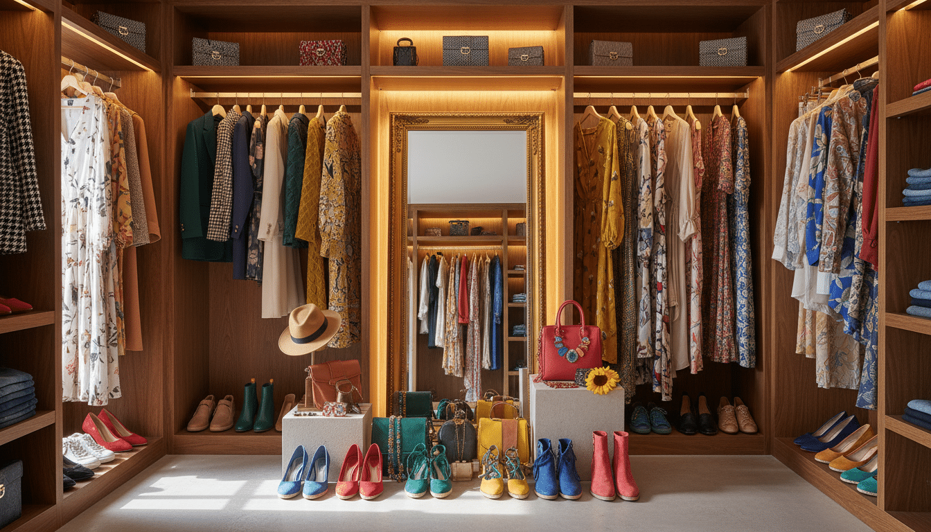 A stylish closet filled with a curated selection of fashionable clothing, showcasing neatly organized apparel like blazers, sweaters, and dresses. The foreground features a colorful array of shoes and accessories, creating a vibrant, inviting atmosphere. In the middle, a full-length mirror reflects the outfit choices, emphasizing the idea of mixing and matching. The background includes softly lit shelving that enhances the warm, cozy feel of the space. Natural sunlight streams through a window, casting gentle shadows that add depth. The overall mood is inspiring and practical, appealing to individuals looking to personalize their wardrobe. The imagery should evoke a sense of organization and creativity without any text or human figures. A stylish closet filled with a curated selection of fashionable clothing, showcasing neatly organized apparel like blazers, sweaters, and dresses. The foreground features a colorful array of shoes and accessories, creating a vibrant, inviting atmosphere. In the middle, a full-length mirror reflects the outfit choices, emphasizing the idea of mixing and matching. The background includes softly lit shelving that enhances the warm, cozy feel of the space. Natural sunlight streams through a window, casting gentle shadows that add depth. The overall mood is inspiring and practical, appealing to individuals looking to personalize their wardrobe. The imagery should evoke a sense of organization and creativity without any text or human figures.