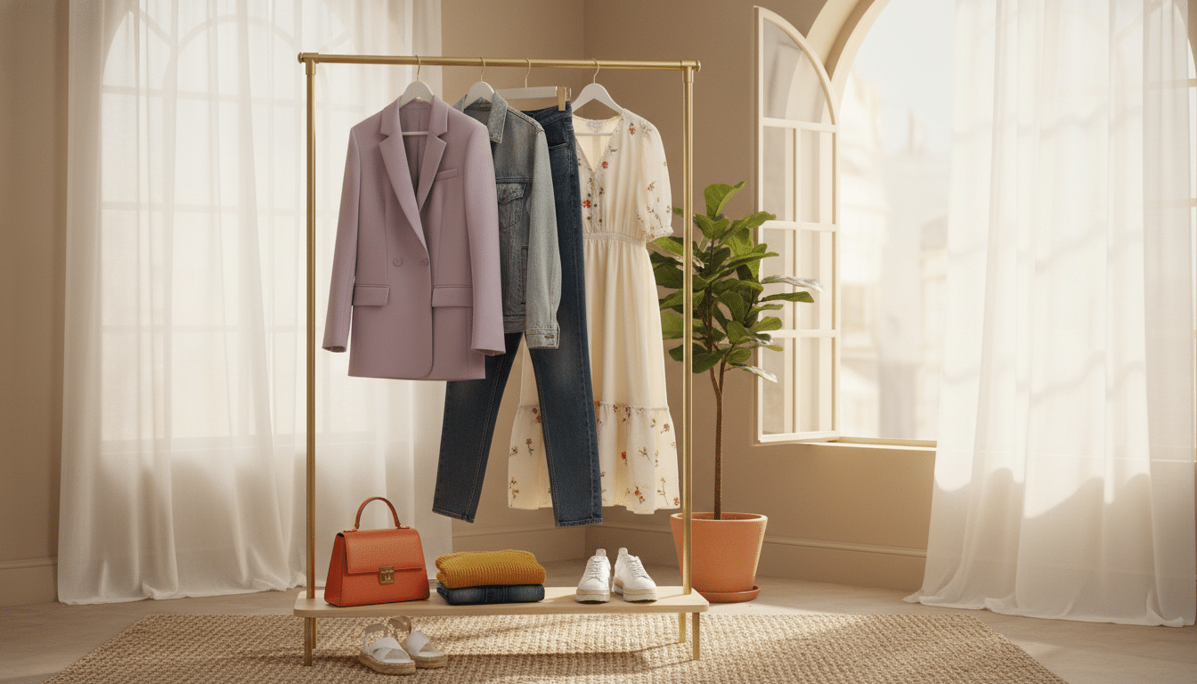 A stylish collection of capsule wardrobe pieces displayed on a minimalist clothing rack in a warm, inviting room. In the foreground, vibrant spring essentials like a tailored pastel blazer, versatile denim jacket, and a soft, flowing dress hang neatly. The middle ground features colorful accessories, such as a retro handbag and trendy shoes, adding flair without overwhelming the ensemble. In the background, a large, sunlit window with sheer curtains allows natural light to wash over the scene, enhancing the mood of fresh sophistication. The floor has a cozy, neutral rug that complements the aesthetics of the wardrobe. The overall atmosphere conveys a sense of curated simplicity, blending classic styles with contemporary trends and fun elements, inviting the viewer to visualize a balanced, stylish wardrobe for every season.