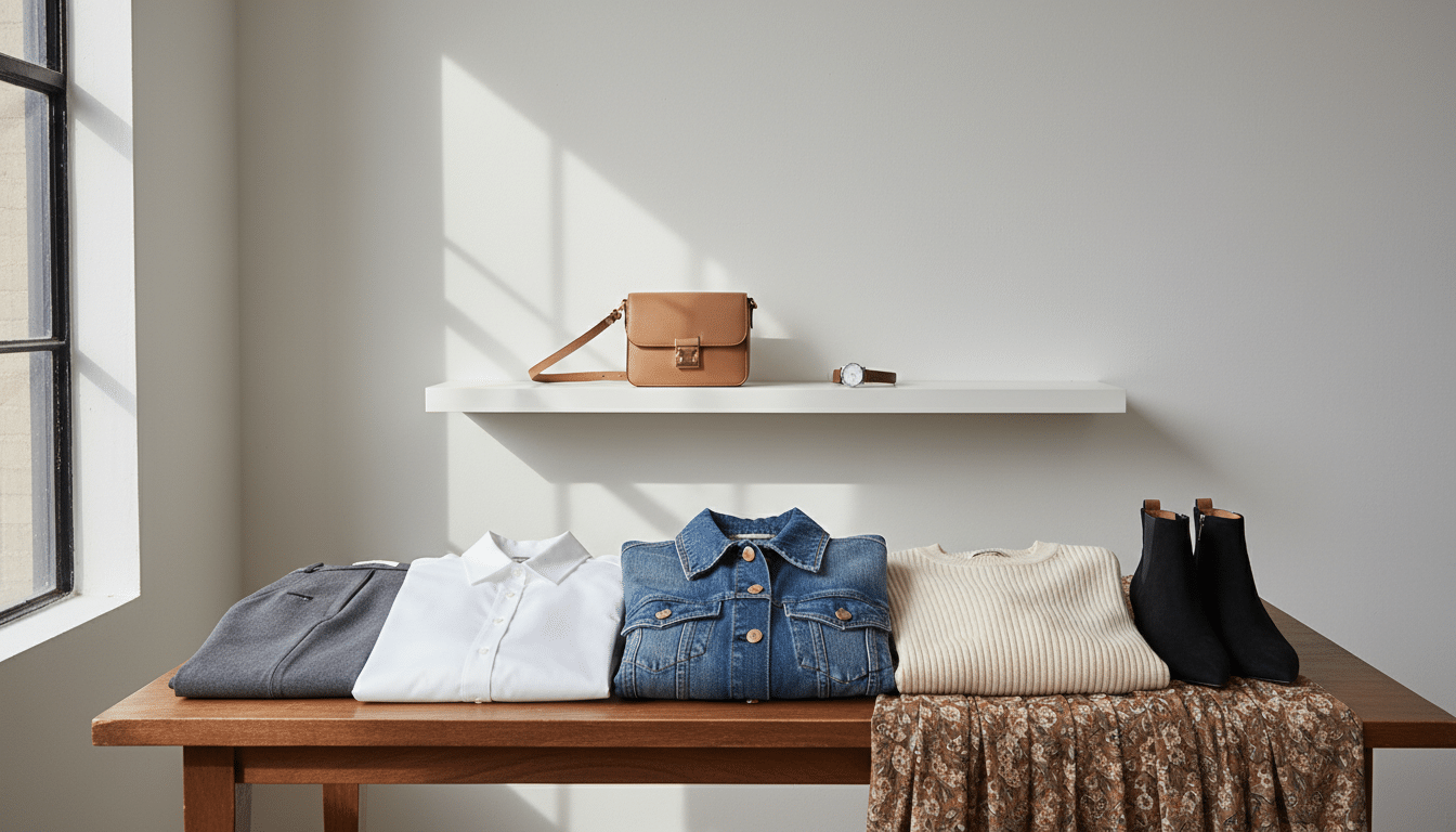 A stylish display of capsule wardrobe essentials set against a minimalist backdrop. In the foreground, neatly arranged on a wooden table are key clothing items: a classic white button-up shirt, tailored black trousers, a versatile denim jacket, a fitted beige sweater, and a flowy midi dress. The middle ground features elegant accessories such as a structured handbag, a pair of chic ankle boots, and a timeless watch. In the background, soft, diffused natural light filters through a large window, casting gentle shadows and creating a cozy atmosphere. The scene is shot at eye level, emphasizing the harmony and versatility of these pieces, inspiring viewers to envision their own seasonal capsule wardrobe.