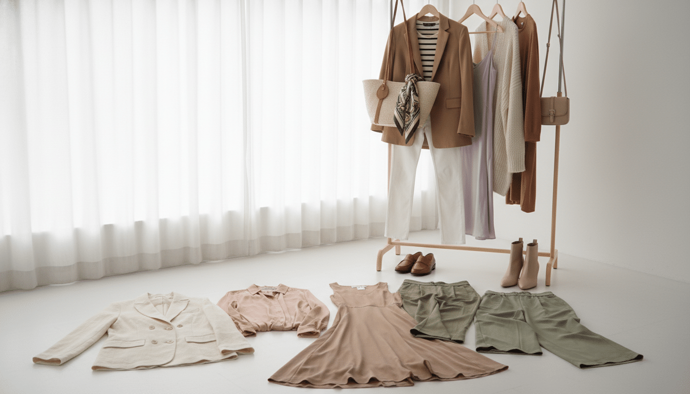 A stylish display of various outfits arranged tastefully on a minimalist backdrop. In the foreground, showcase a variety of elegant clothing pieces, including tailored blazers, chic blouses, versatile trousers, and classic dresses in a harmonious color palette of soft neutrals, earth tones, and a splash of pastel shades, emphasizing ease of mixing and matching. The middle ground features a wooden rack displaying outfits paired with neutral accessories like scarves, bags, and shoes, all carefully coordinated. In the background, a soft, natural light filters through sheer curtains, creating a warm, inviting atmosphere that highlights the textures of the fabrics. The angle is slightly elevated, providing an overview of the outfits while maintaining a cozy, organized feel that exemplifies the essence of a capsule wardrobe. A stylish display of various outfits arranged tastefully on a minimalist backdrop. In the foreground, showcase a variety of elegant clothing pieces, including tailored blazers, chic blouses, versatile trousers, and classic dresses in a harmonious color palette of soft neutrals, earth tones, and a splash of pastel shades, emphasizing ease of mixing and matching. The middle ground features a wooden rack displaying outfits paired with neutral accessories like scarves, bags, and shoes, all carefully coordinated. In the background, a soft, natural light filters through sheer curtains, creating a warm, inviting atmosphere that highlights the textures of the fabrics. The angle is slightly elevated, providing an overview of the outfits while maintaining a cozy, organized feel that exemplifies the essence of a capsule wardrobe.