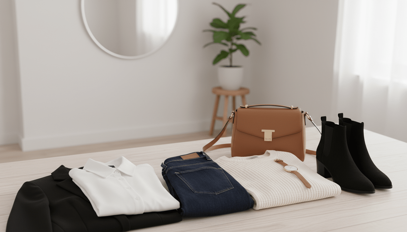A stylish flat lay arrangement of daily capsule outfit ideas on a light wooden surface. In the foreground, showcase neatly folded garments, including a classic white button-up shirt, a versatile black blazer, high-waisted dark jeans, and a cozy cashmere sweater. Include accessories like a leather handbag, a delicate watch, and a pair of chic ankle boots. In the middle background, add a softly lit dressing area with a minimalistic mirror and a small potted plant for a touch of greenery. The lighting should be warm and inviting, creating a serene atmosphere. The image should embody a sense of effortless elegance and practicality, perfect for showcasing outfits that can be pulled on in minutes. Capture from a slightly elevated angle to encompass the full arrangement with a clean backdrop. A stylish flat lay arrangement of daily capsule outfit ideas on a light wooden surface. In the foreground, showcase neatly folded garments, including a classic white button-up shirt, a versatile black blazer, high-waisted dark jeans, and a cozy cashmere sweater. Include accessories like a leather handbag, a delicate watch, and a pair of chic ankle boots. In the middle background, add a softly lit dressing area with a minimalistic mirror and a small potted plant for a touch of greenery. The lighting should be warm and inviting, creating a serene atmosphere. The image should embody a sense of effortless elegance and practicality, perfect for showcasing outfits that can be pulled on in minutes. Capture from a slightly elevated angle to encompass the full arrangement with a clean backdrop.