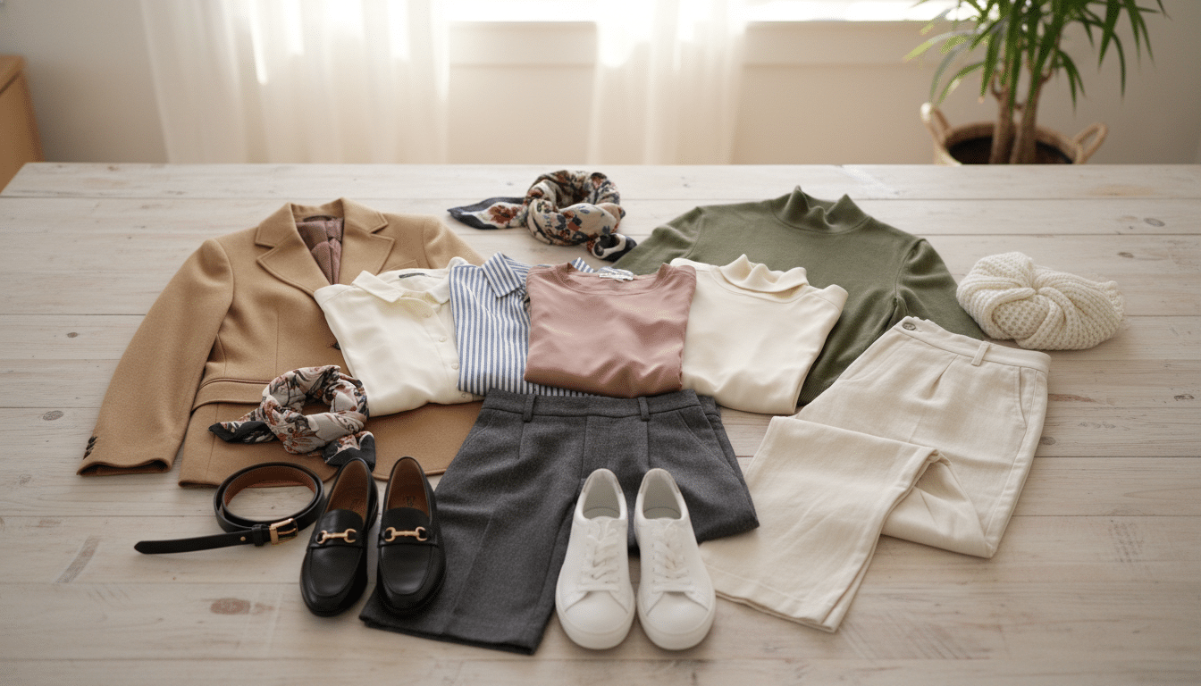 A stylish flat lay of a capsule wardrobe showcasing versatile outfit variations for the week. In the foreground, neatly arranged clothing items in a cohesive color palette, including tailored blazers, chic blouses, casual sweaters, and tailored trousers. Layered accessories such as scarves, belts, and shoes in coordinating colors surround the garments, exemplifying different styling options. The middle layer features a minimalistic wooden surface for a warm, inviting texture. The background is softly blurred, indicating a cozy, well-lit room with natural light streaming in from a nearby window, creating a refreshing and uplifting atmosphere. The composition conveys a sense of organization and creativity, highlighting the ease of transitioning one outfit through the week while maintaining a polished look. A stylish flat lay of a capsule wardrobe showcasing versatile outfit variations for the week. In the foreground, neatly arranged clothing items in a cohesive color palette, including tailored blazers, chic blouses, casual sweaters, and tailored trousers. Layered accessories such as scarves, belts, and shoes in coordinating colors surround the garments, exemplifying different styling options. The middle layer features a minimalistic wooden surface for a warm, inviting texture. The background is softly blurred, indicating a cozy, well-lit room with natural light streaming in from a nearby window, creating a refreshing and uplifting atmosphere. The composition conveys a sense of organization and creativity, highlighting the ease of transitioning one outfit through the week while maintaining a polished look.