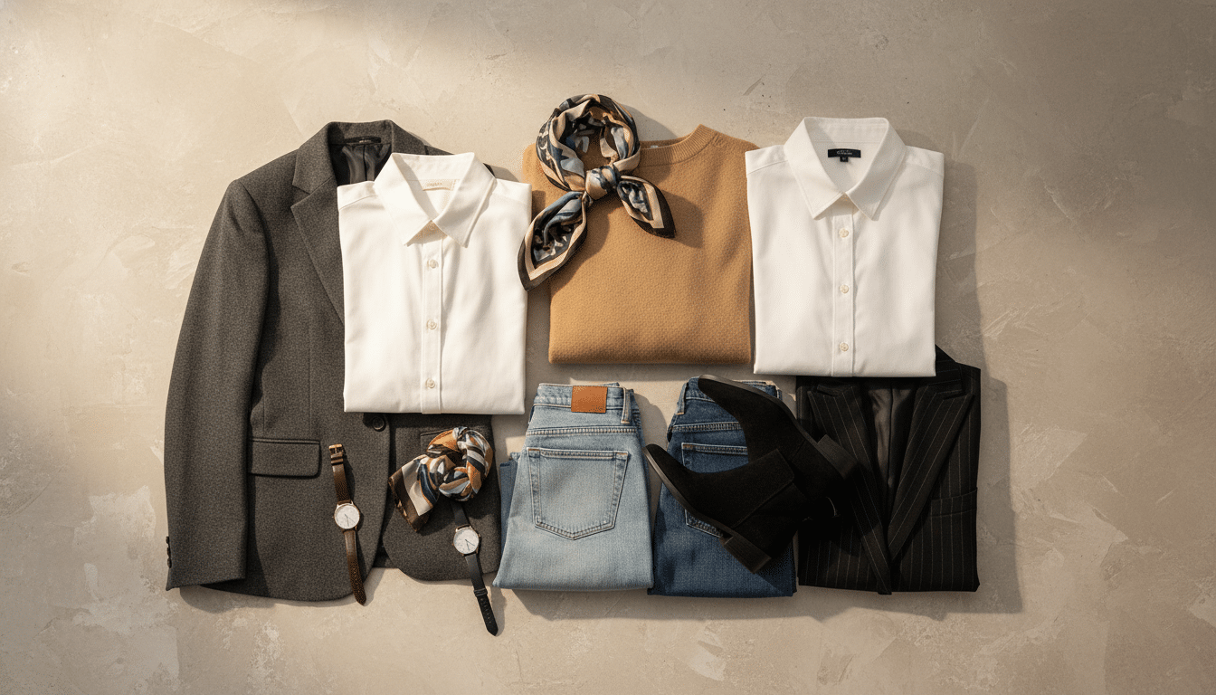 A stylish flat lay of various capsule outfit combinations, showcasing a minimalist aesthetic. In the foreground, neatly arranged items such as tailored blazers, versatile denim jeans, classic white shirts, and statement accessories like scarves and watches. The middle layer features a soft cashmere sweater and a pair of chic ankle boots, partially draped to invite interaction. The background consists of a subtle textured surface, adding depth without distraction. Warm, natural lighting enhances the colors, creating an inviting and sophisticated atmosphere. The scene is captured from a slight angle, emphasizing the layered arrangement, allowing a glimpse of how easily these items can be mixed and matched to create polished looks quickly. A stylish flat lay of various capsule outfit combinations, showcasing a minimalist aesthetic. In the foreground, neatly arranged items such as tailored blazers, versatile denim jeans, classic white shirts, and statement accessories like scarves and watches. The middle layer features a soft cashmere sweater and a pair of chic ankle boots, partially draped to invite interaction. The background consists of a subtle textured surface, adding depth without distraction. Warm, natural lighting enhances the colors, creating an inviting and sophisticated atmosphere. The scene is captured from a slight angle, emphasizing the layered arrangement, allowing a glimpse of how easily these items can be mixed and matched to create polished looks quickly.