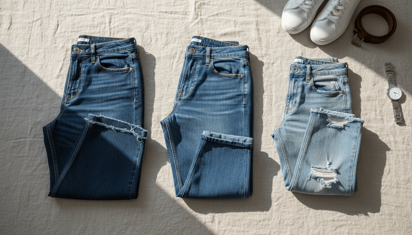 A stylish flat lay of various denim jeans designed for a weekend capsule wardrobe, showcasing a variety of styles including classic straight-leg, trendy wide-leg, and sleek skinny jeans. The jeans should be neatly folded and arranged on a light, textured fabric surface, accentuated by natural lighting from a nearby window that casts soft shadows. In the background, incorporate subtle hints of casual footwear and accessories, like a watch or a belt, to suggest versatility and ease. The mood of the image should evoke a sense of effortless style and functionality, perfect for a weekend outing. Emphasize clean lines and a harmonious color palette focusing on shades of blue, with complementary earth tones to highlight the jeans.