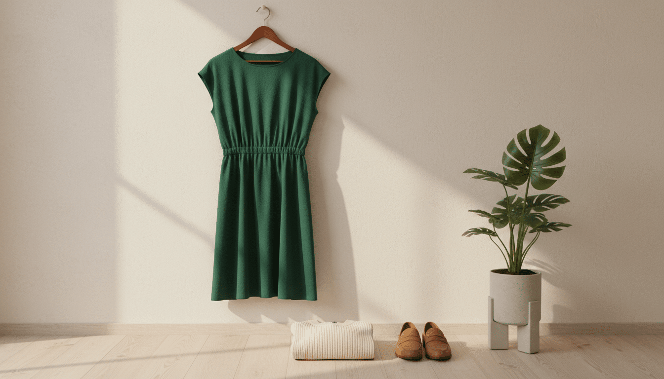 A stylish, minimalist dress hanging on a sleek wooden hanger against a soft, neutral-toned wall. The dress features a flattering A-line silhouette in a rich forest green fabric, with subtle details like cap sleeves and a cinched waist for added elegance. In the foreground, a pair of chic, comfortable shoes are placed beside a neatly folded light sweater, illustrating an easy-to-assemble outfit. In the middle ground, a small plant adds a touch of greenery, enhancing the warm, inviting atmosphere. Soft, natural lighting floods the scene from a window just out of frame, casting gentle shadows. The overall mood is relaxed yet polished, embodying the concept of one-and-done pieces that simplify dressing and maximize style while staying budget-friendly. A stylish, minimalist dress hanging on a sleek wooden hanger against a soft, neutral-toned wall. The dress features a flattering A-line silhouette in a rich forest green fabric, with subtle details like cap sleeves and a cinched waist for added elegance. In the foreground, a pair of chic, comfortable shoes are placed beside a neatly folded light sweater, illustrating an easy-to-assemble outfit. In the middle ground, a small plant adds a touch of greenery, enhancing the warm, inviting atmosphere. Soft, natural lighting floods the scene from a window just out of frame, casting gentle shadows. The overall mood is relaxed yet polished, embodying the concept of one-and-done pieces that simplify dressing and maximize style while staying budget-friendly.
