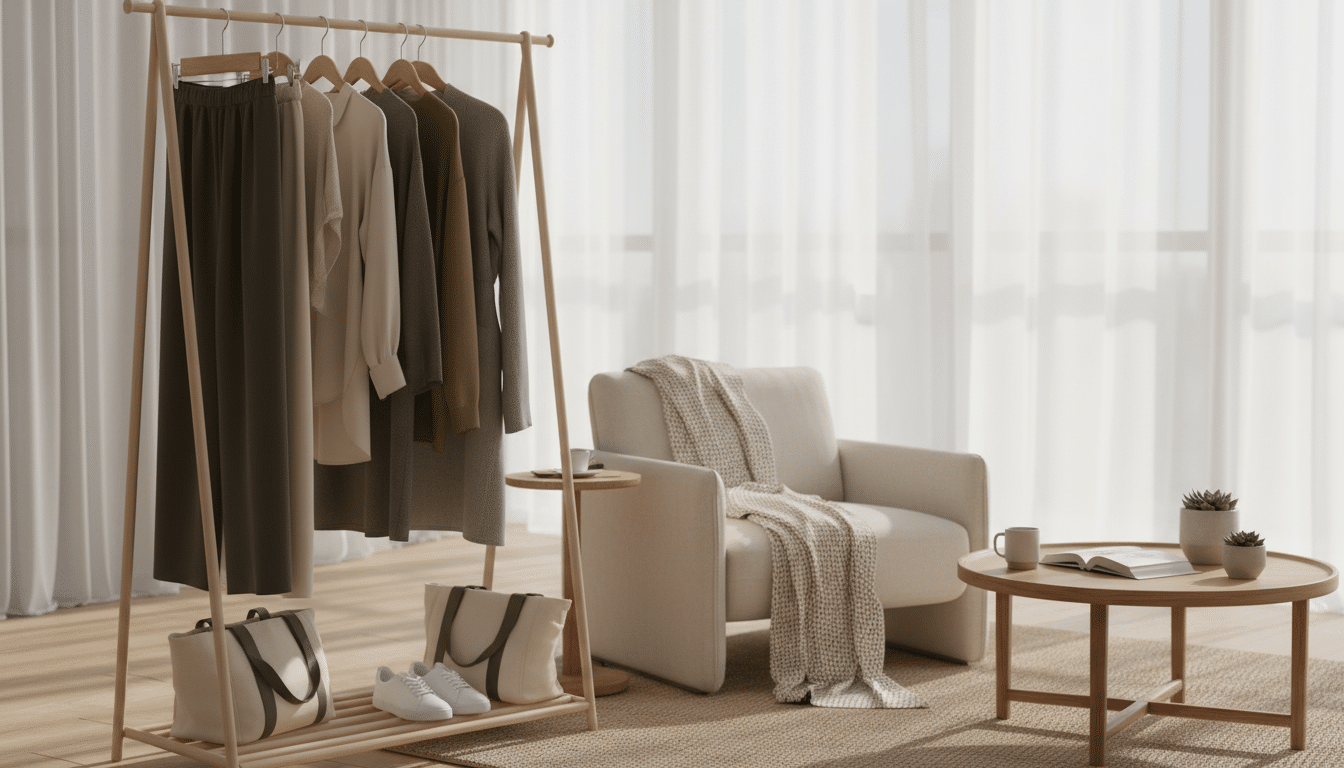 A stylish, modern living space that exemplifies a curated lifestyle, featuring a neatly arranged capsule wardrobe displayed on a minimalist clothing rack in the foreground. The rack showcases a balance of casual and professional outfits in neutral tones, emphasizing versatility. In the middle ground, a cozy armchair and a small coffee table create an inviting atmosphere, with a soft throw draped over the chair. The background includes large windows allowing natural light to flood the room, enhancing the warm, inviting mood. Use soft focus for a dreamy effect, capturing the essence of thoughtful living and practicality. The warm light highlights the textures of the fabrics and wooden elements in the room, promoting a sense of calm and intentionality. A stylish, modern living space that exemplifies a curated lifestyle, featuring a neatly arranged capsule wardrobe displayed on a minimalist clothing rack in the foreground. The rack showcases a balance of casual and professional outfits in neutral tones, emphasizing versatility. In the middle ground, a cozy armchair and a small coffee table create an inviting atmosphere, with a soft throw draped over the chair. The background includes large windows allowing natural light to flood the room, enhancing the warm, inviting mood. Use soft focus for a dreamy effect, capturing the essence of thoughtful living and practicality. The warm light highlights the textures of the fabrics and wooden elements in the room, promoting a sense of calm and intentionality.
