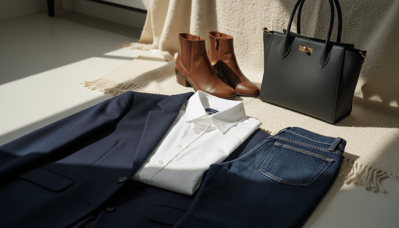 A stylish, organized flat lay showcasing a selection of capsule wardrobe items that effortlessly mix and match. In the foreground, display a tailored blazer in navy, a classic white button-up shirt, and versatile dark jeans, elegantly arranged. The middle layer features a pair of chic ankle boots and a sleek leather handbag, providing functional yet fashionable elements. In the background, include a soft, neutral-toned fabric draped to create a warm ambiance, complemented by a faint natural light streaming in, casting gentle shadows. Aim for an inviting and sophisticated atmosphere that exemplifies modern fashion sensibilities. Focus on textures and colors that harmonize, creating a visually appealing representation of practical mix-and-match options. Use a shallow depth of field to emphasize the foreground items while softly blurring the background. A stylish, organized flat lay showcasing a selection of capsule wardrobe items that effortlessly mix and match. In the foreground, display a tailored blazer in navy, a classic white button-up shirt, and versatile dark jeans, elegantly arranged. The middle layer features a pair of chic ankle boots and a sleek leather handbag, providing functional yet fashionable elements. In the background, include a soft, neutral-toned fabric draped to create a warm ambiance, complemented by a faint natural light streaming in, casting gentle shadows. Aim for an inviting and sophisticated atmosphere that exemplifies modern fashion sensibilities. Focus on textures and colors that harmonize, creating a visually appealing representation of practical mix-and-match options. Use a shallow depth of field to emphasize the foreground items while softly blurring the background.