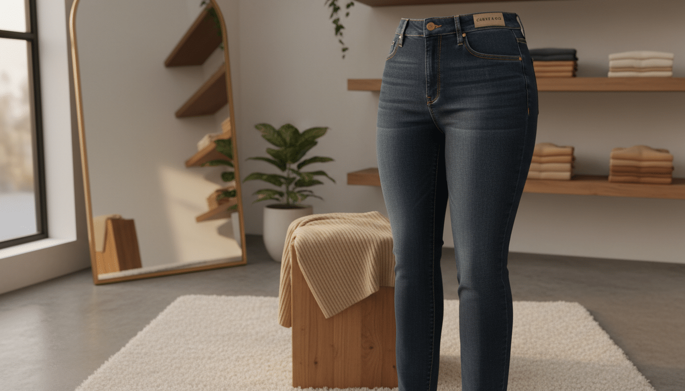 A stylish pair of well-fitted jeans designed for curvy women, displayed prominently in the foreground. The jeans showcase a high waist and a flattering silhouette, with delicate stitching details and subtle distressing that adds character. In the middle ground, a soft, neutral-toned fabric swatch complements the denim, indicating versatility with capsule wardrobe essentials. The background is a simple, modern dressing room setting with warm, natural lighting that creates a cozy atmosphere, highlighting the textures of the jeans. The angle captures the jeans at a slight three-quarter view, emphasizing their shape and fit. The overall mood is empowering and chic, suitable for showcasing essential items in a capsule wardrobe.