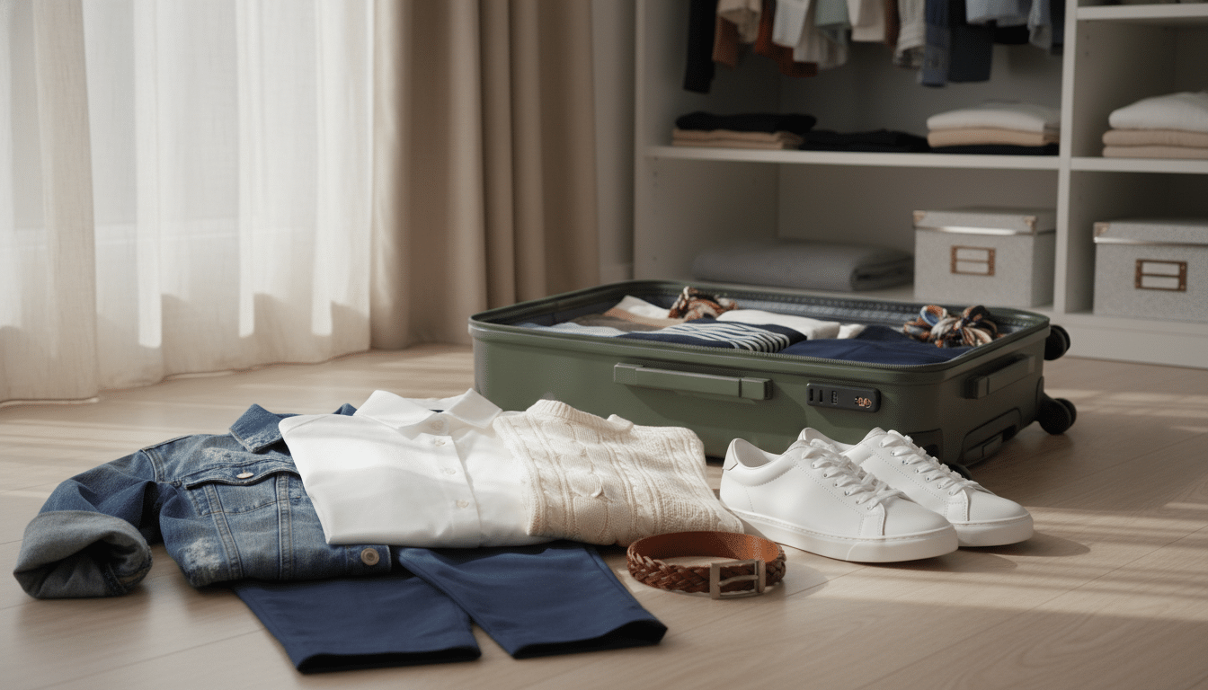 A stylish weekend capsule wardrobe neatly arranged in a chic carry-on suitcase. In the foreground, showcase a variety of versatile clothing pieces: a classic white button-up shirt, tailored navy chinos, a cozy knit sweater, and a lightweight denim jacket, all situated alongside matching accessories like a leather belt and minimalist sneakers. The middle section features a modern, open suitcase set against a soft, neutral backdrop. In the background, hint at a well-organized closet or a serene bedroom nook, softly illuminated by natural light streaming through a nearby window, casting gentle shadows. The overall mood should be relaxed and inspiring, emphasizing simplicity and practicality while inviting the viewer to envision their own weekend wardrobe essentials.