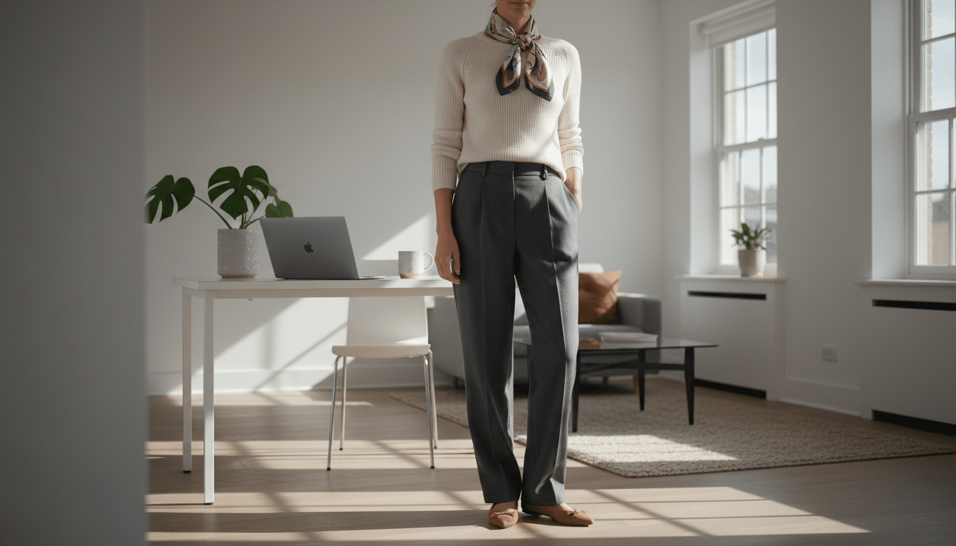 A stylish woman stands confidently in a bright, airy room that blends elements of home and office. In the foreground, she wears a casual yet polished outfit featuring a lightweight knit sweater and tailored trousers, accessorized with a chic scarf and versatile flats. In the middle, a minimalist desk is visible with a laptop and some greenery, highlighting a work setting. In the background, natural light floods through large windows, casting soft shadows and creating a warm, inviting atmosphere. The composition captures the seamless transition from cozy home to professional workspace, showcasing a modern, sophisticated vibe. The focus is on the outfit’s versatility, emphasizing the theme of adaptability and ease. A stylish woman stands confidently in a bright, airy room that blends elements of home and office. In the foreground, she wears a casual yet polished outfit featuring a lightweight knit sweater and tailored trousers, accessorized with a chic scarf and versatile flats. In the middle, a minimalist desk is visible with a laptop and some greenery, highlighting a work setting. In the background, natural light floods through large windows, casting soft shadows and creating a warm, inviting atmosphere. The composition captures the seamless transition from cozy home to professional workspace, showcasing a modern, sophisticated vibe. The focus is on the outfit’s versatility, emphasizing the theme of adaptability and ease.