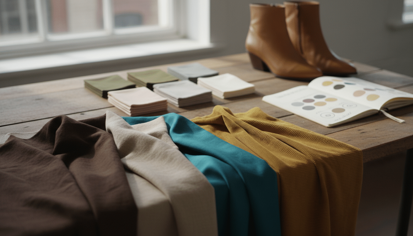 A visually captivating color palette spread out on a wooden table, featuring an array of fabric swatches in various hues and textures. In the foreground, prominently displayed are rich, earthy tones—browns and beiges, paired with vibrant accent colors like teal and mustard yellow. In the middle ground, include smaller swatches of complementary colors, stacked neatly to create an organized look. The background should have soft-focus elements like a pair of stylish shoes and an open notebook with color notes, subtly hinting at fashion design. Soft, natural lighting filters from a nearby window, casting gentle shadows. The atmosphere is warm and inviting, suggesting creativity and thoughtful planning, ideal for building a cohesive capsule wardrobe. A visually captivating color palette spread out on a wooden table, featuring an array of fabric swatches in various hues and textures. In the foreground, prominently displayed are rich, earthy tones—browns and beiges, paired with vibrant accent colors like teal and mustard yellow. In the middle ground, include smaller swatches of complementary colors, stacked neatly to create an organized look. The background should have soft-focus elements like a pair of stylish shoes and an open notebook with color notes, subtly hinting at fashion design. Soft, natural lighting filters from a nearby window, casting gentle shadows. The atmosphere is warm and inviting, suggesting creativity and thoughtful planning, ideal for building a cohesive capsule wardrobe.