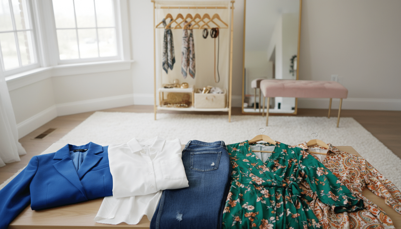A well-organized capsule wardrobe for curvy women, featuring a stylish selection of versatile clothing pieces. In the foreground, display several neatly arranged items: a tailored blazer, a classic white shirt, a pair of fashionable jeans, a wrap dress, and a chic blouse. Each piece showcases flattering cuts and colorful patterns suitable for various occasions. In the middle ground, highlight a soft, minimalist wardrobe organizer in a warm, inviting tone, with visible hangers holding accessories like scarves and belts. The background features a softly lit, cozy dressing room with natural light streaming through a window, creating an uplifting and inspiring atmosphere. The overall mood should feel empowering and fashionable, emphasizing simplicity and elegance in everyday wear.
