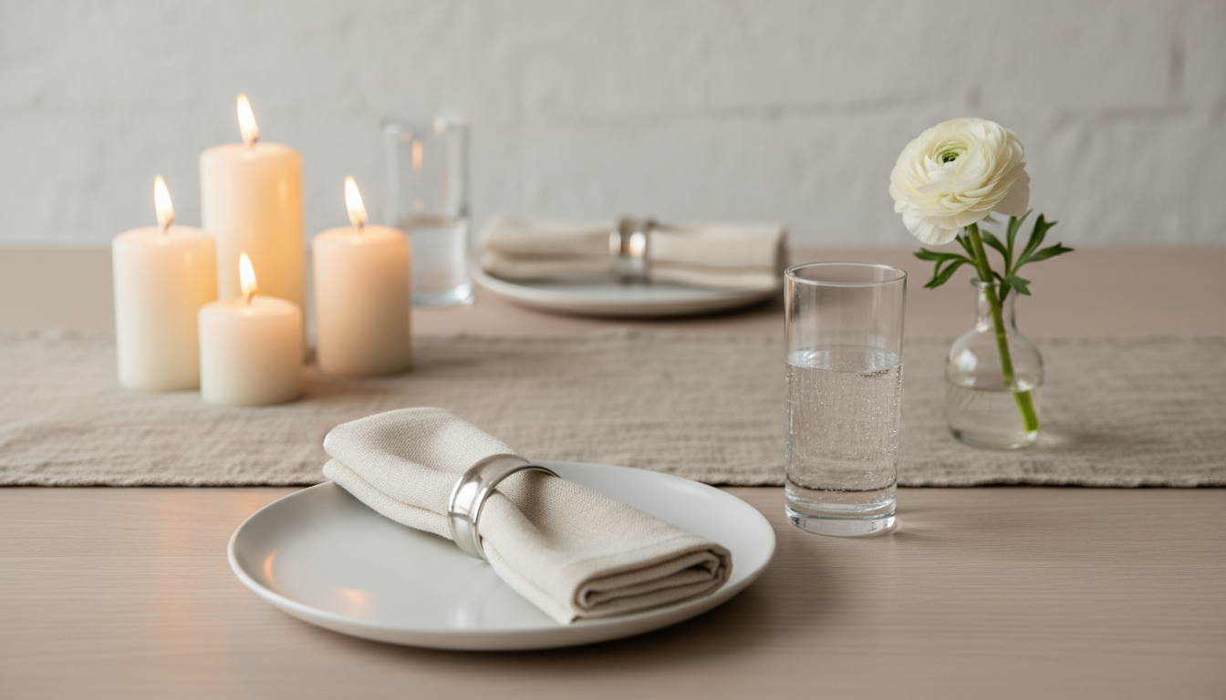A beautifully arranged minimalist dinner setting highlighted by elegant accessories. In the foreground, a simple white plate is adorned with a delicate silver ring holding a soft linen napkin, accompanied by a slender glass of sparkling water and a small elegant vase with a single flower. The middle ground features a wooden table with a muted table runner, exuding a warm and inviting atmosphere. In the background, softly lit candles create a cozy ambiance, casting gentle shadows. The scene captures a sense of simplicity and sophistication, with warm, natural lighting enhancing the textures. The angle is slightly elevated, focusing on the accessories while showcasing the overall dining experience. The mood is relaxed and contemporary, perfect for a casual yet chic dinner. A beautifully arranged minimalist dinner setting highlighted by elegant accessories. In the foreground, a simple white plate is adorned with a delicate silver ring holding a soft linen napkin, accompanied by a slender glass of sparkling water and a small elegant vase with a single flower. The middle ground features a wooden table with a muted table runner, exuding a warm and inviting atmosphere. In the background, softly lit candles create a cozy ambiance, casting gentle shadows. The scene captures a sense of simplicity and sophistication, with warm, natural lighting enhancing the textures. The angle is slightly elevated, focusing on the accessories while showcasing the overall dining experience. The mood is relaxed and contemporary, perfect for a casual yet chic dinner.
