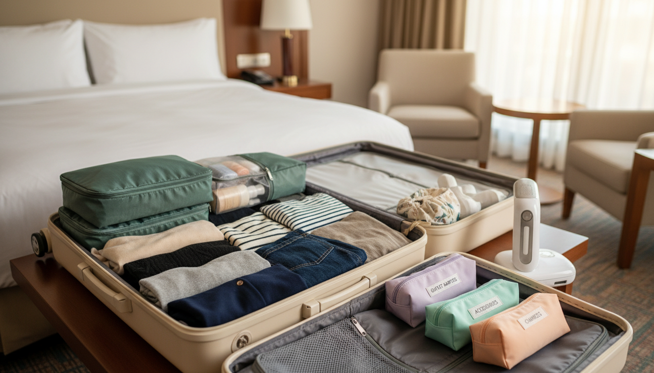 A bright, organized travel scene showcasing various packing hacks for a weekend getaway. In the foreground, a neatly packed suitcase sits open, revealing stylish, folded clothing, using packing cubes and rolled clothes to maximize space. Visible travel items include a compact toiletries bag, a pair of stylish shoes, and a travel-sized laundry bag. In the middle ground, a set of colorful, labeled packing organizers and a portable garment steamer add functionality. In the background, a welcoming hotel room ambiance with soft, warm lighting creates a cozy atmosphere. The composition should focus on practical yet aesthetic travel arrangements, highlighting convenience and stress-free travel. The angle should be dynamic, slightly above the suitcase, to capture all elements clearly, evoking a sense of readiness and excitement for adventure.