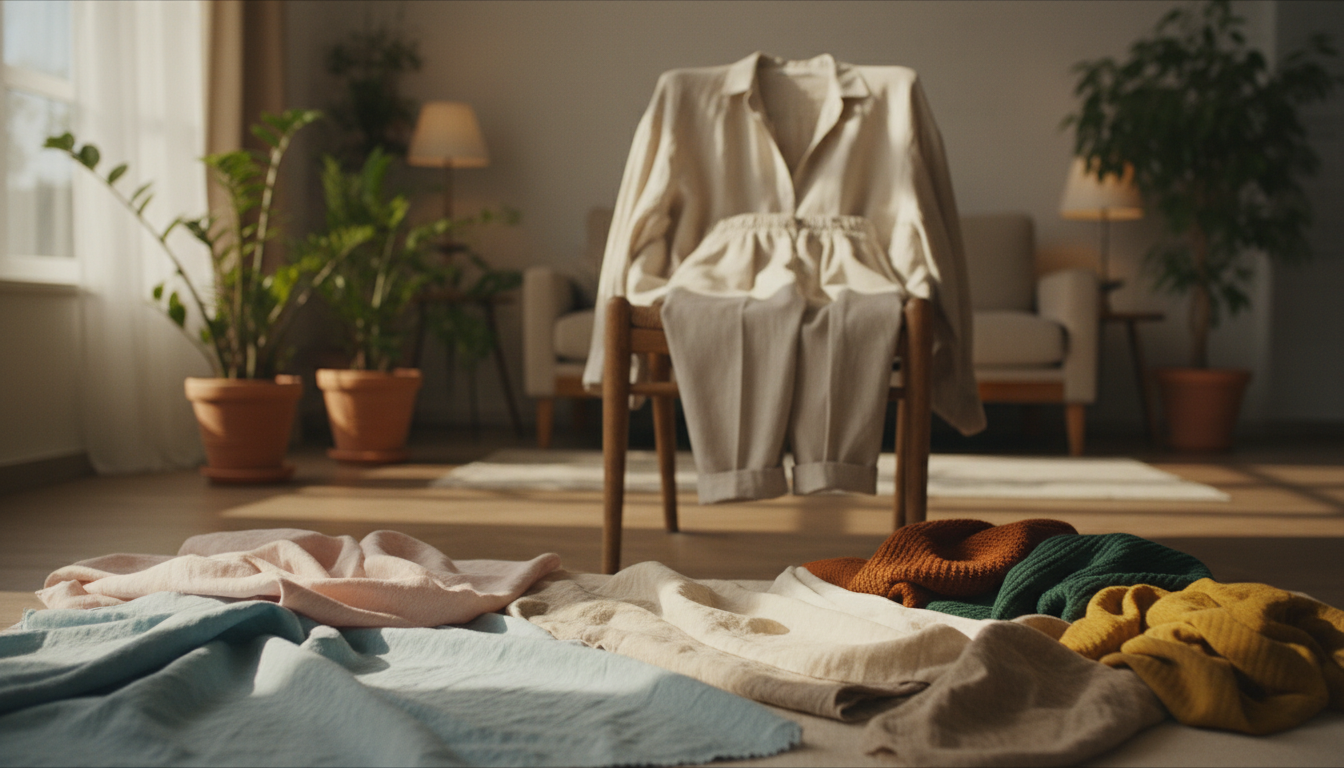 A collection of versatile fabrics featuring cotton, linen, and knit, beautifully arranged in a sunlit indoor setting. In the foreground, display swatches of soft, textured cotton in pastel colors, alongside airy linen in natural tones, and cozy knits in rich hues. The middle layer should feature a stylish, relaxed outfit made from these fabrics, draped elegantly over a wooden chair—think a casual linen shirt with loose cotton pants. In the background, a softly blurred scene of a cozy living room with plants and soft lighting enhances the relaxed atmosphere. Use warm, natural light to create inviting shadows that highlight the fabric textures. Capture this scene from a slightly elevated angle to add depth and perspective. The mood should feel comfortable and inviting, embodying the essence of a relaxed weekend. A collection of versatile fabrics featuring cotton, linen, and knit, beautifully arranged in a sunlit indoor setting. In the foreground, display swatches of soft, textured cotton in pastel colors, alongside airy linen in natural tones, and cozy knits in rich hues. The middle layer should feature a stylish, relaxed outfit made from these fabrics, draped elegantly over a wooden chair—think a casual linen shirt with loose cotton pants. In the background, a softly blurred scene of a cozy living room with plants and soft lighting enhances the relaxed atmosphere. Use warm, natural light to create inviting shadows that highlight the fabric textures. Capture this scene from a slightly elevated angle to add depth and perspective. The mood should feel comfortable and inviting, embodying the essence of a relaxed weekend.