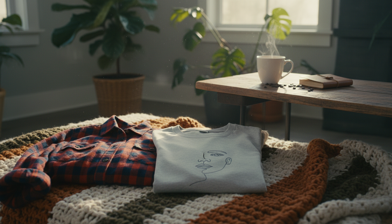 A cozy and chic arrangement featuring a variety of flannel shirts and comfortable t-shirts laid out on a soft, textured blanket in warm, earthy tones. The foreground showcases a plaid flannel shirt in shades of deep red and navy, casually draped alongside a light grey t-shirt with an elegant, minimalist design. In the middle ground, incorporate a rustic wooden table with a steaming coffee cup, hinting at a relaxed, effortless morning vibe. The background features a softly lit room with plants and natural light streaming in through a window, creating an inviting atmosphere. The overall mood is casual yet stylish, perfect for running errands on a brisk day, captured with a shallow depth of field to emphasize the clothing details. A cozy and chic arrangement featuring a variety of flannel shirts and comfortable t-shirts laid out on a soft, textured blanket in warm, earthy tones. The foreground showcases a plaid flannel shirt in shades of deep red and navy, casually draped alongside a light grey t-shirt with an elegant, minimalist design. In the middle ground, incorporate a rustic wooden table with a steaming coffee cup, hinting at a relaxed, effortless morning vibe. The background features a softly lit room with plants and natural light streaming in through a window, creating an inviting atmosphere. The overall mood is casual yet stylish, perfect for running errands on a brisk day, captured with a shallow depth of field to emphasize the clothing details.