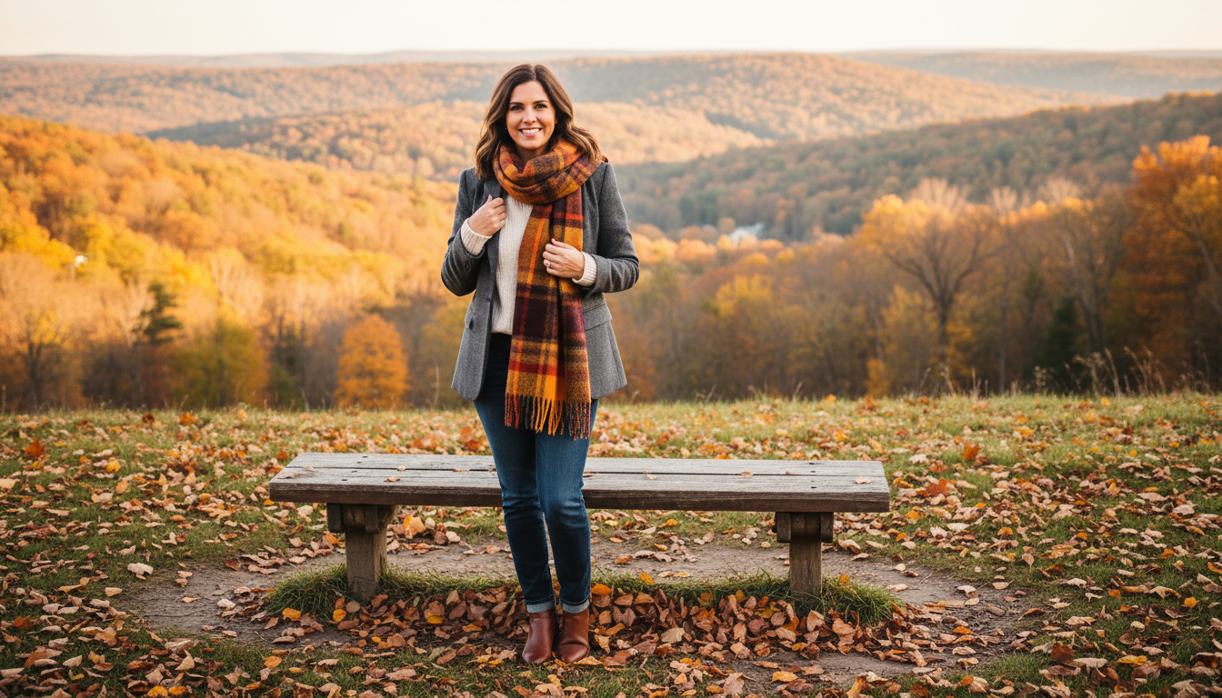 A cozy outdoor scene showcasing layering techniques for cool weather. In the foreground, a confident woman dressed in stylish yet practical layers, including a light sweater, a tailored jacket, and a warm scarf, interacts with a vibrant autumn backdrop. The middle ground features a rustic wooden bench surrounded by fallen leaves, while the background reveals gently sloping hills with trees shedding their colorful foliage. Soft, diffused natural lighting casts warm tones, enhancing the inviting atmosphere. The image is captured from a slightly elevated angle to highlight the subject's outfit and the surrounding scenery, conveying a sense of adventure and comfort suitable for cool weather explorations.