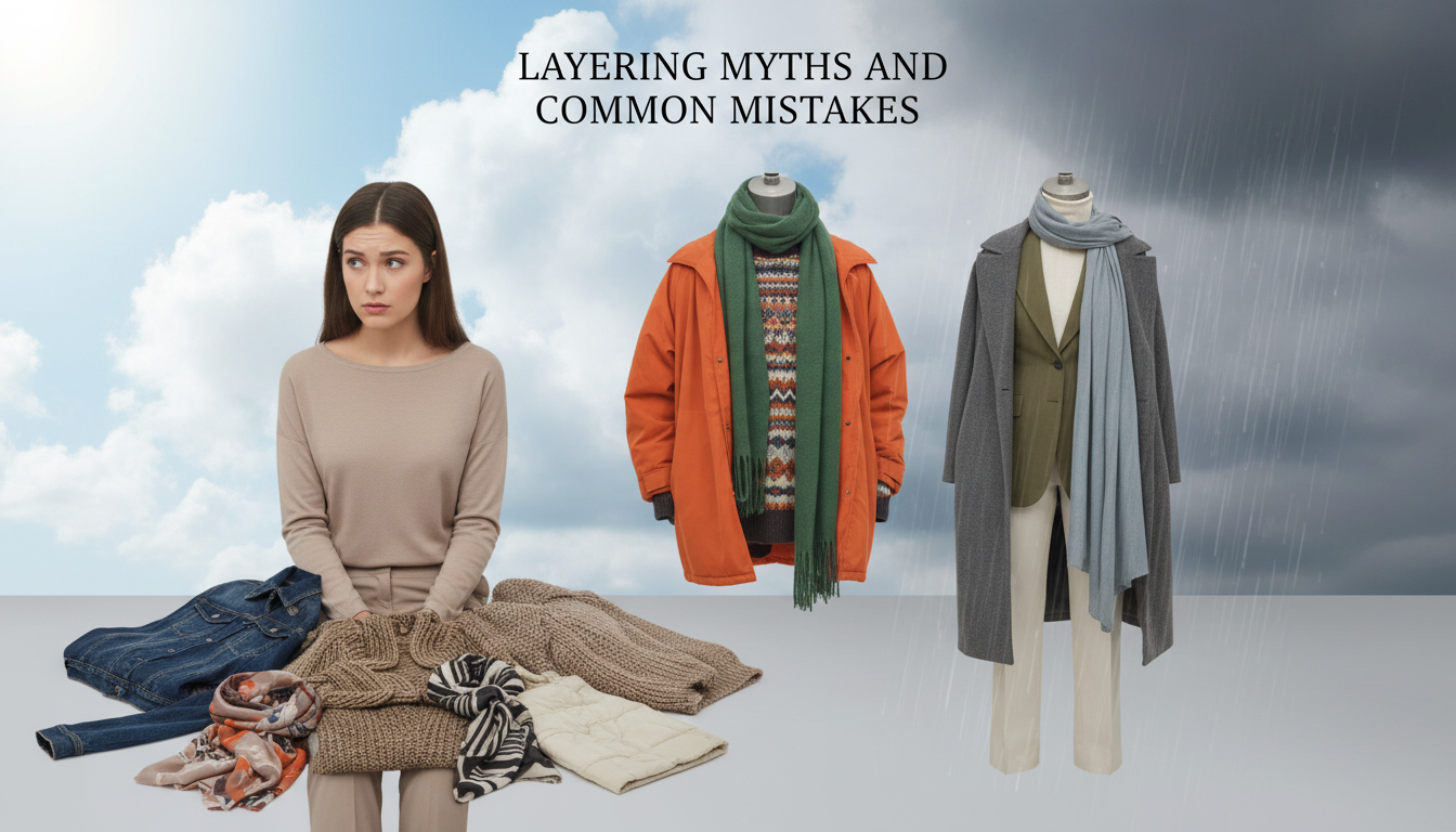 A detailed split-scene illustration depicting "Layering Myths and Common Mistakes." In the foreground, a person in modest casual clothing stands in a confused pose, surrounded by an array of clothing items representing layering options, such as light jackets, sweaters, and scarves. In the middle, contrasting sections display various layering mistakes: one side shows mismatched colors and bulky items, while the other exemplifies effective layering techniques with lighter, complementary pieces. The background features a changing weather scenario, shifting from sunshine to rain, emphasizing the need for adaptability. Soft, natural lighting enhances the atmosphere, giving the scene a dynamic yet calm feel, shot from a slightly elevated angle to capture all elements clearly.