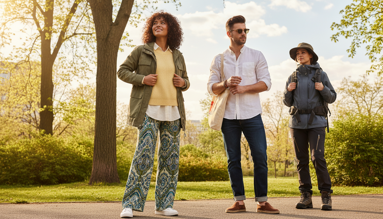 A diverse group of three stylish individuals in a bright outdoor setting, showcasing a variety of outfits suitable for different weather conditions and activities. In the foreground, a woman in a layered spring outfit adjusts her light jacket while looking at the sky. In the middle, a man adjusts his accessories, dressed in urban casuals appropriate for a sunny day. In the background, a person stands confidently in weatherproof attire, ready for an outdoor adventure, with trees and a park setting illuminated by soft, golden afternoon light. The scene captures a vibrant, cheerful atmosphere that reflects the concept of preparing for any weather while traveling, with a focus on practicality and creativity in outfit choices. A diverse group of three stylish individuals in a bright outdoor setting, showcasing a variety of outfits suitable for different weather conditions and activities. In the foreground, a woman in a layered spring outfit adjusts her light jacket while looking at the sky. In the middle, a man adjusts his accessories, dressed in urban casuals appropriate for a sunny day. In the background, a person stands confidently in weatherproof attire, ready for an outdoor adventure, with trees and a park setting illuminated by soft, golden afternoon light. The scene captures a vibrant, cheerful atmosphere that reflects the concept of preparing for any weather while traveling, with a focus on practicality and creativity in outfit choices.