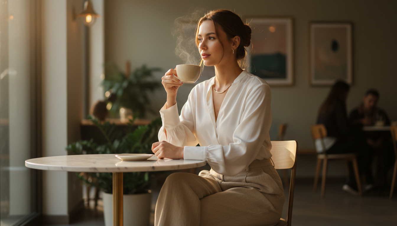 A minimalist coffee setting featuring a stylish young woman seated at a small, modern table, sipping from a ceramic cup. She wears a simple, elegant white blouse paired with neutral-toned trousers, embodying effortless chic. In the foreground, focus on the coffee cup, its steam rising gently, creating a cozy atmosphere. The middle ground showcases the woman, her expression serene and contemplative, with soft natural lighting highlighting her features. The background is a blurred cafe scene with plants and minimal decor, emphasizing a tranquil vibe. Capture the mood of a calm, intimate coffee date with warm, inviting tones and a shallow depth of field, enhancing the intimate feel of the moment. A minimalist coffee setting featuring a stylish young woman seated at a small, modern table, sipping from a ceramic cup. She wears a simple, elegant white blouse paired with neutral-toned trousers, embodying effortless chic. In the foreground, focus on the coffee cup, its steam rising gently, creating a cozy atmosphere. The middle ground showcases the woman, her expression serene and contemplative, with soft natural lighting highlighting her features. The background is a blurred cafe scene with plants and minimal decor, emphasizing a tranquil vibe. Capture the mood of a calm, intimate coffee date with warm, inviting tones and a shallow depth of field, enhancing the intimate feel of the moment.