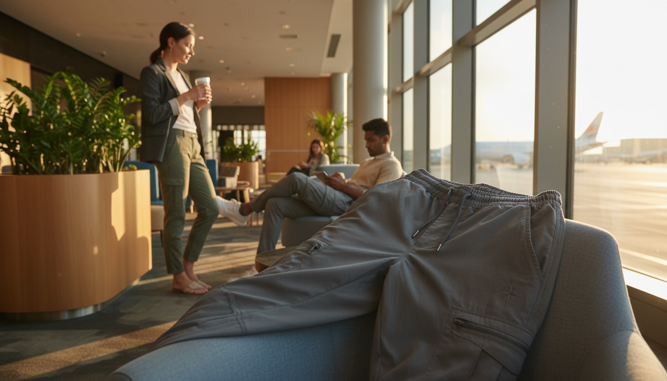 A pair of comfortable travel pants displayed prominently in the foreground, designed for both style and mobility. The pants are made from a soft, breathable fabric, featuring a relaxed fit with an elastic waistband and practical pockets. In the middle ground, an inviting travel environment showcases a cozy, modern airport lounge with travelers seated comfortably, highlighting the versatility of the pants in casual yet chic settings. The background features soft natural lighting streaming through large windows, creating a warm and welcoming atmosphere. The scene captures a sense of relaxed adventure, with focus on the pants’ functionality and style, demonstrating how they blend comfort with contemporary fashion.